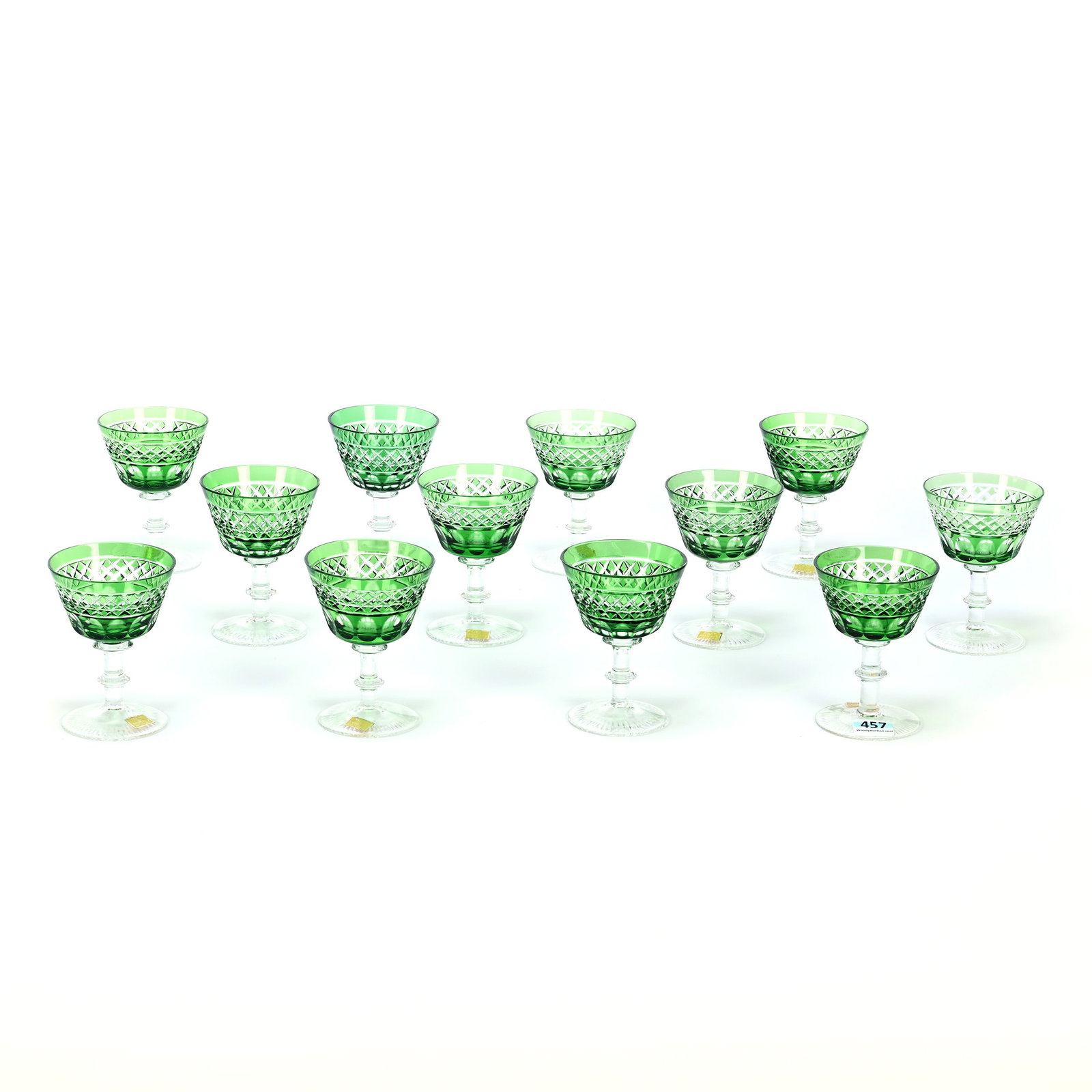 (12) Wine Stems, Green Cut To Clear: (12) Wine Stems, Green Cut To Clear, 3.75" x 2.75", Diamond And Punty Motif, German, Circa 1950's, Kansas Private Collection.