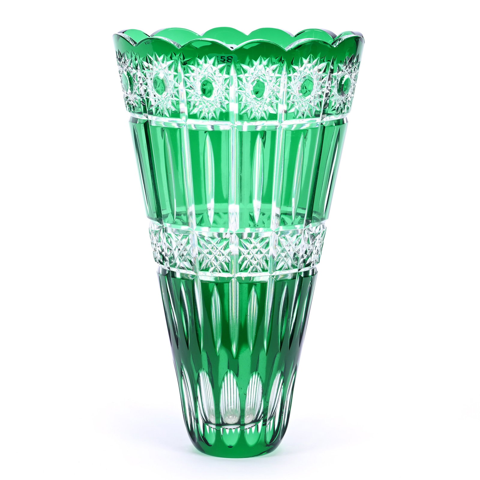 Vase, Green Cut To Clear, Attributed To Germany: Vase, Green Cut To Clear, Attributed To Germany, 12" x 7", Hobstar And Miter Motif, Kansas Private Collection.