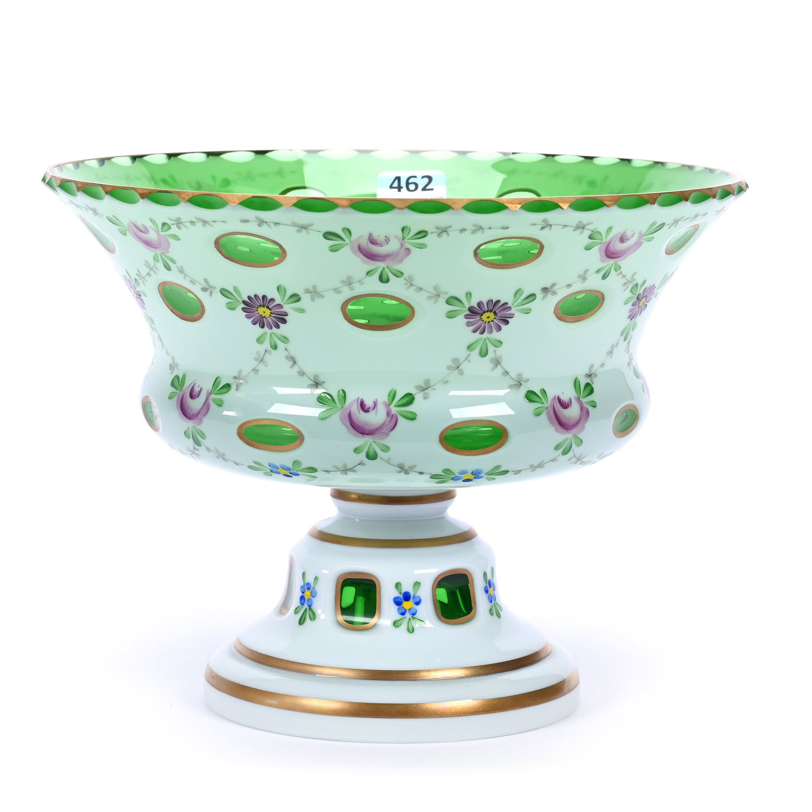 Pedestal Bowl, Green Bohemian Art Glass Overlay: Pedestal Bowl, Green Bohemian Art Glass Overlay, 6.25" x 8", Enamel Floral Decor, Circa 1960's, Kansas Private Collection.