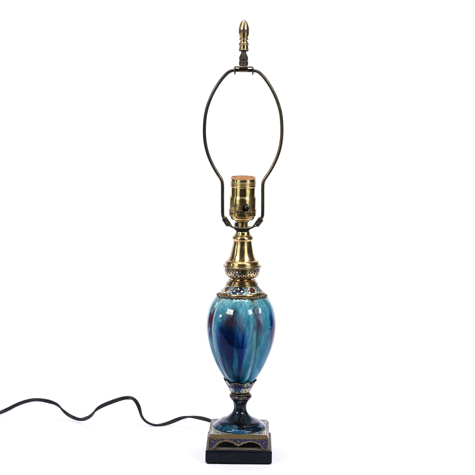Lamp Base, Pottery And Cloisonne Design: Lamp Base, Pottery And Cloisonne Design, 22" x 3.5", Electrified, Measurement Is To The Top Of The Finial, No Shade, Kansas Private Collection.