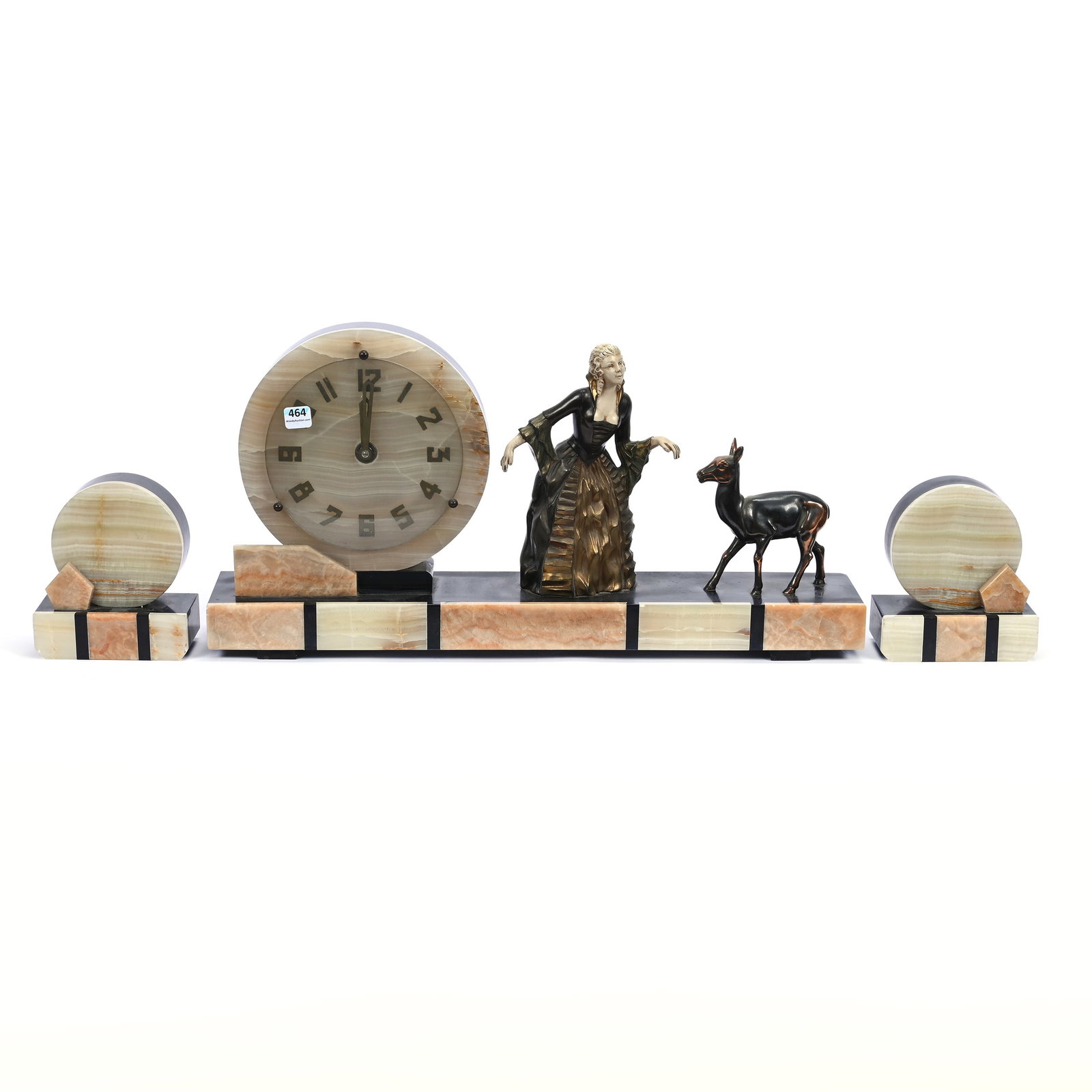 Art Deco Clock Set, Three Piece: Art Deco Clock Set, Three Piece, (1) 11" x 21.5" Clock, Black Marble With Figural White Metal Woman And Deer, Segmented Colored Marble Highlights, Wind Up Mechanism (2) 6" x 5.25" Side Pieces, Some Mi