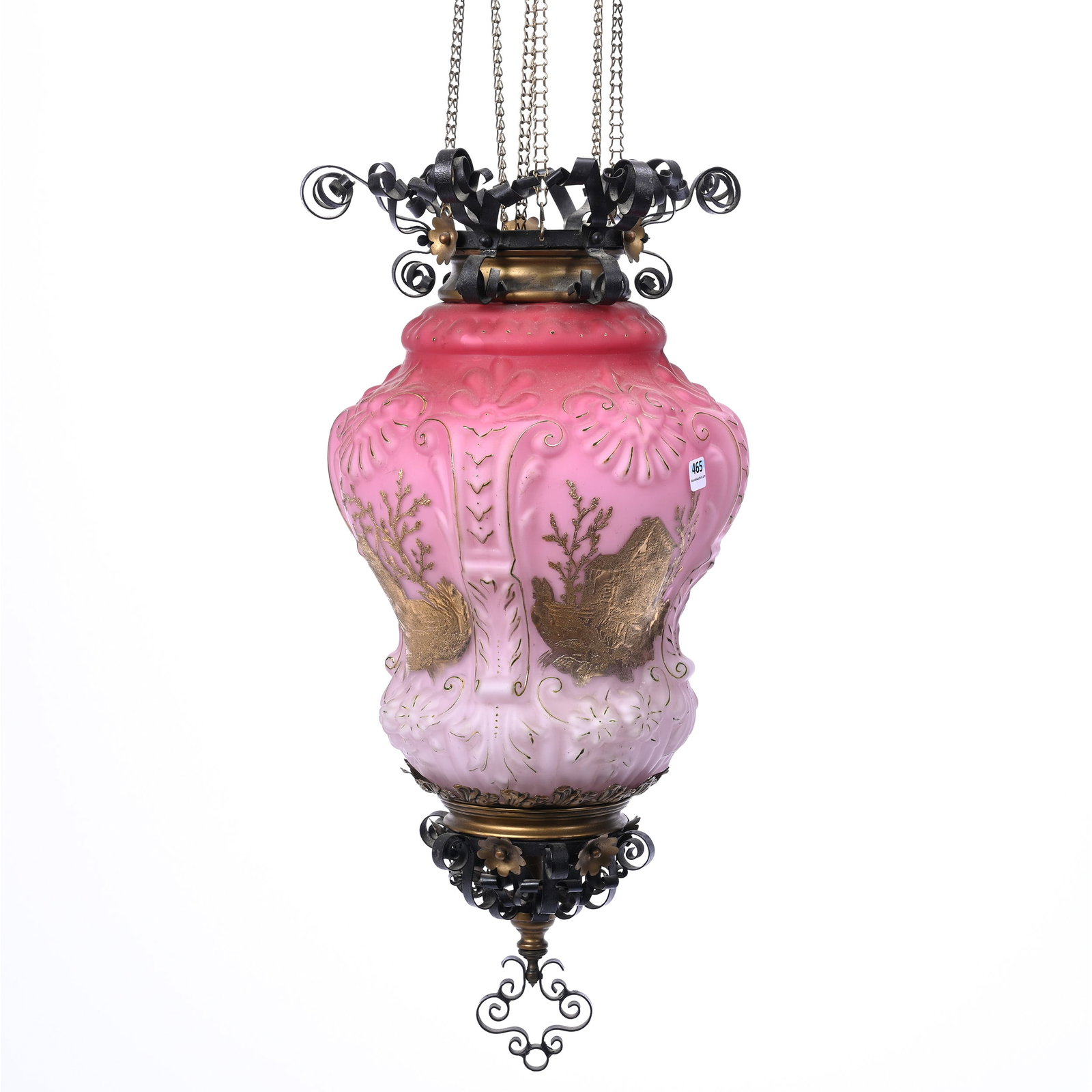 Hanging Lamp, Pink Satin Art Glass: Hanging Lamp, Pink Satin Art Glass, 21" x 9.5" Approximately, Elaborate Embossed Floral And Column Design With Brocaded Gold Cottage And Tree Decor, Needs Rewiring, Kansas Private Collection.
