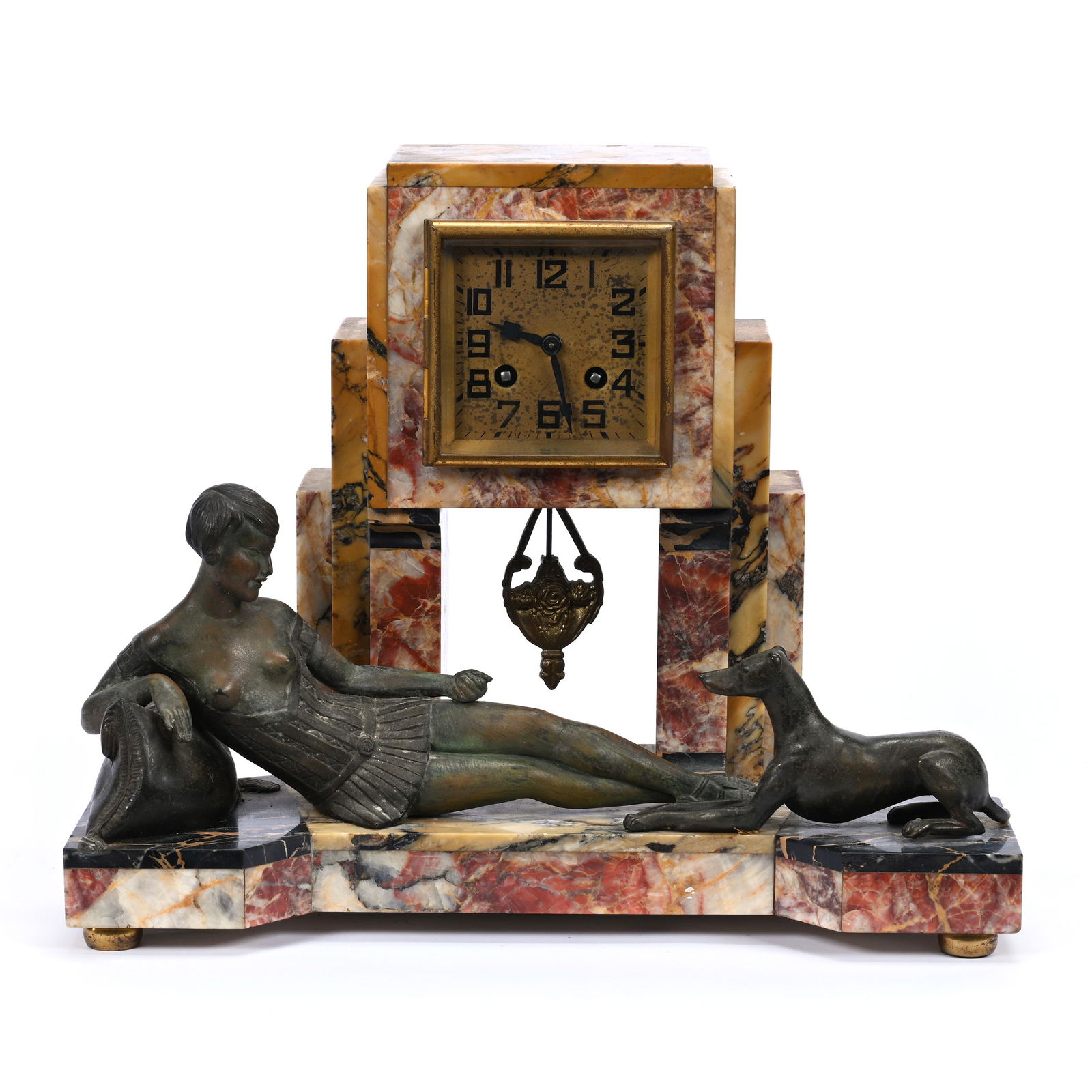 Art Deco Clock, Key And Pendulum Included: Art Deco Clock, Key And Pendulum Included, 12.5" x 15.25", Colorful Veined Marble With Figure Of Woman Reclining On Pillow With Dog Watching, Total Weight Over 29 Pounds. Woody Auction Cannot Ship Thi