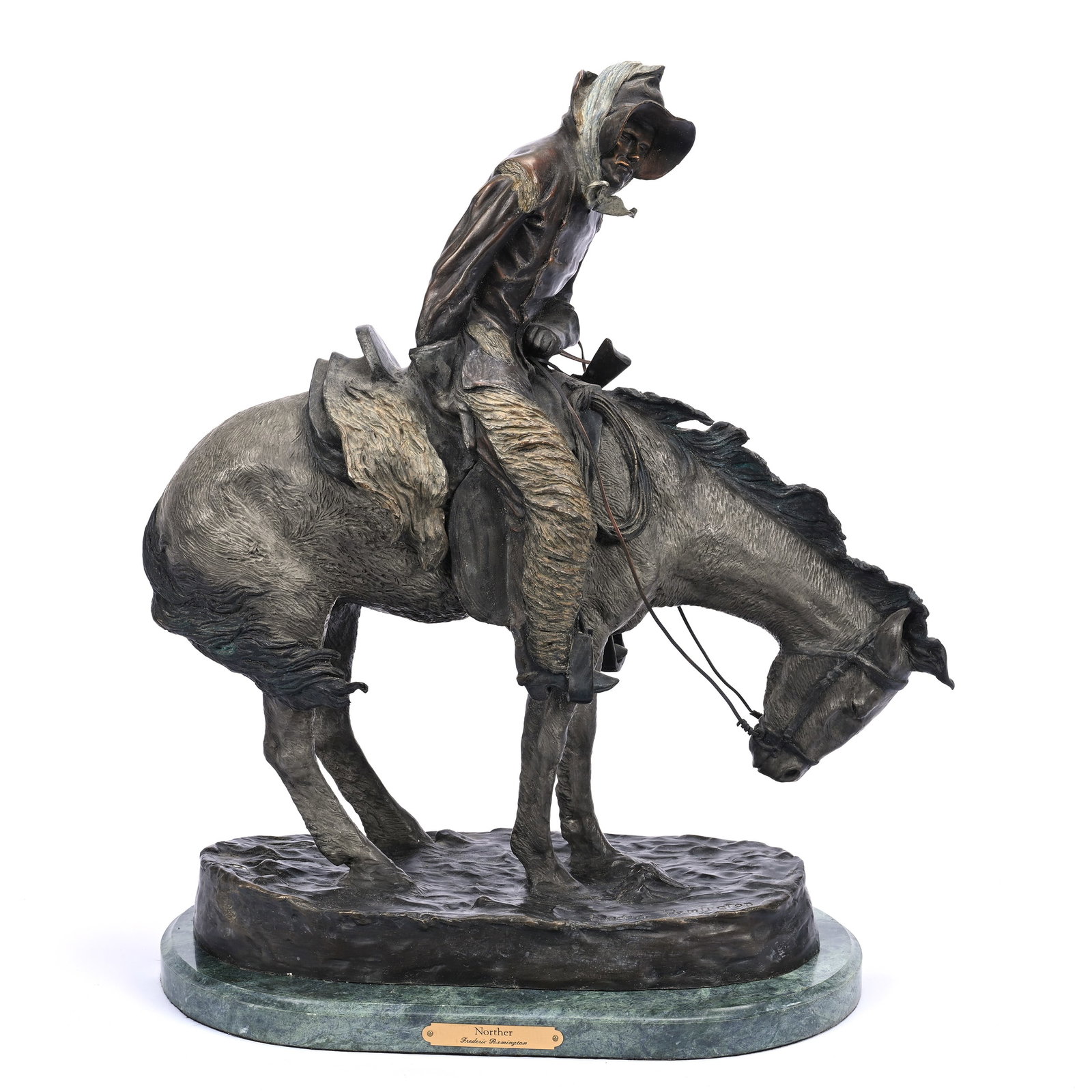 Contemporary Reproduction Bronze, Titled "Norther" By Frederic Remington: Contemporary Reproduction Bronze, Titled "Norther" By Frederic Remington, 21" x 18", Total Weight Over 51 Pounds, Woody Auction Cannot Ship This Item, It Must Be Picked Up In Person In Douglass, Ks Or