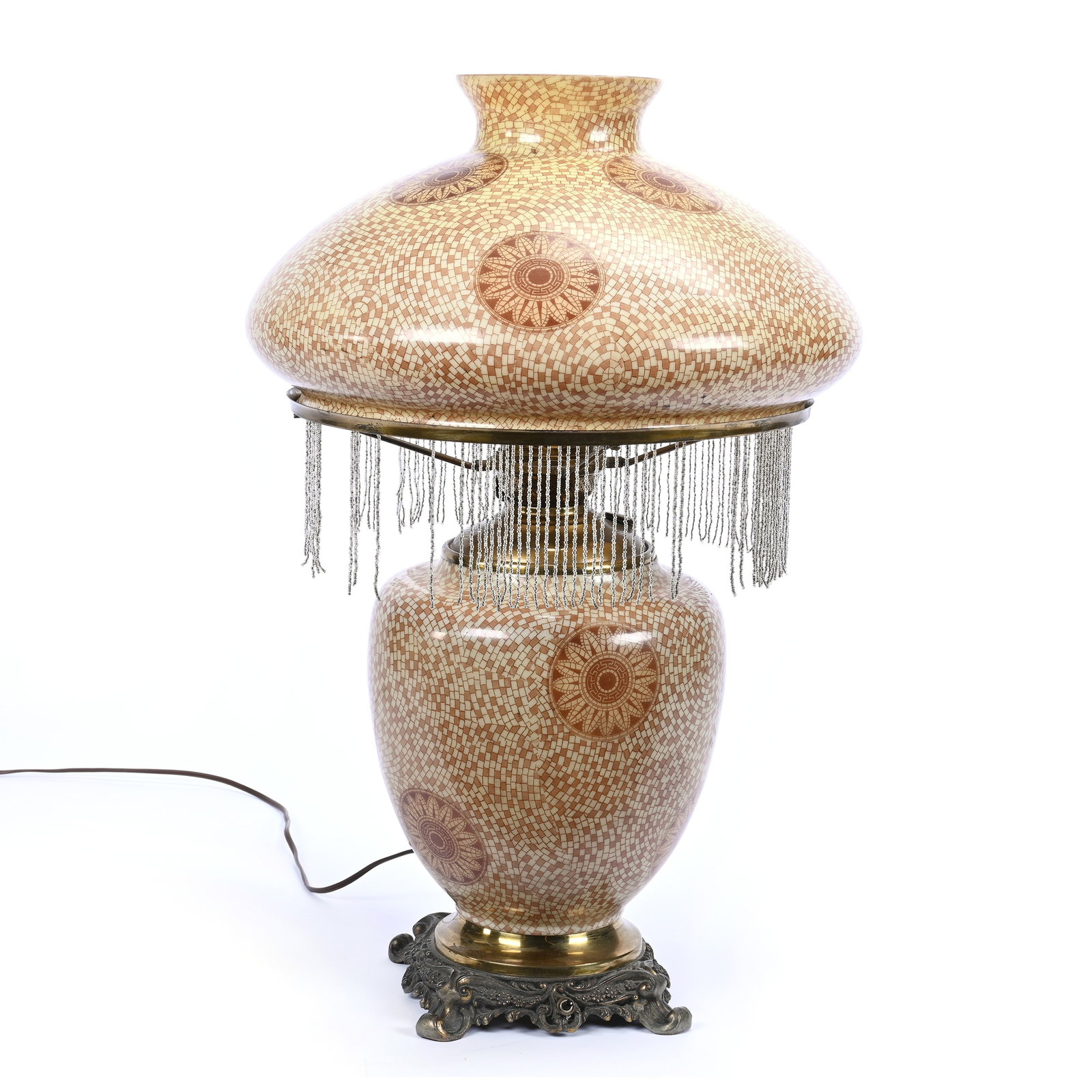 Table Lamp, Beautiful Opaline Art Glass With Transfer Featuring A Cobblestone And Medallion Design: Table Lamp, Beautiful Opaline Art Glass With Transfer Featuring A Cobblestone And Medallion Design, 25.5" x 17", Electrified, Beaded Tassels Are Very Old And Delicate, Shipping Would Probably Result I