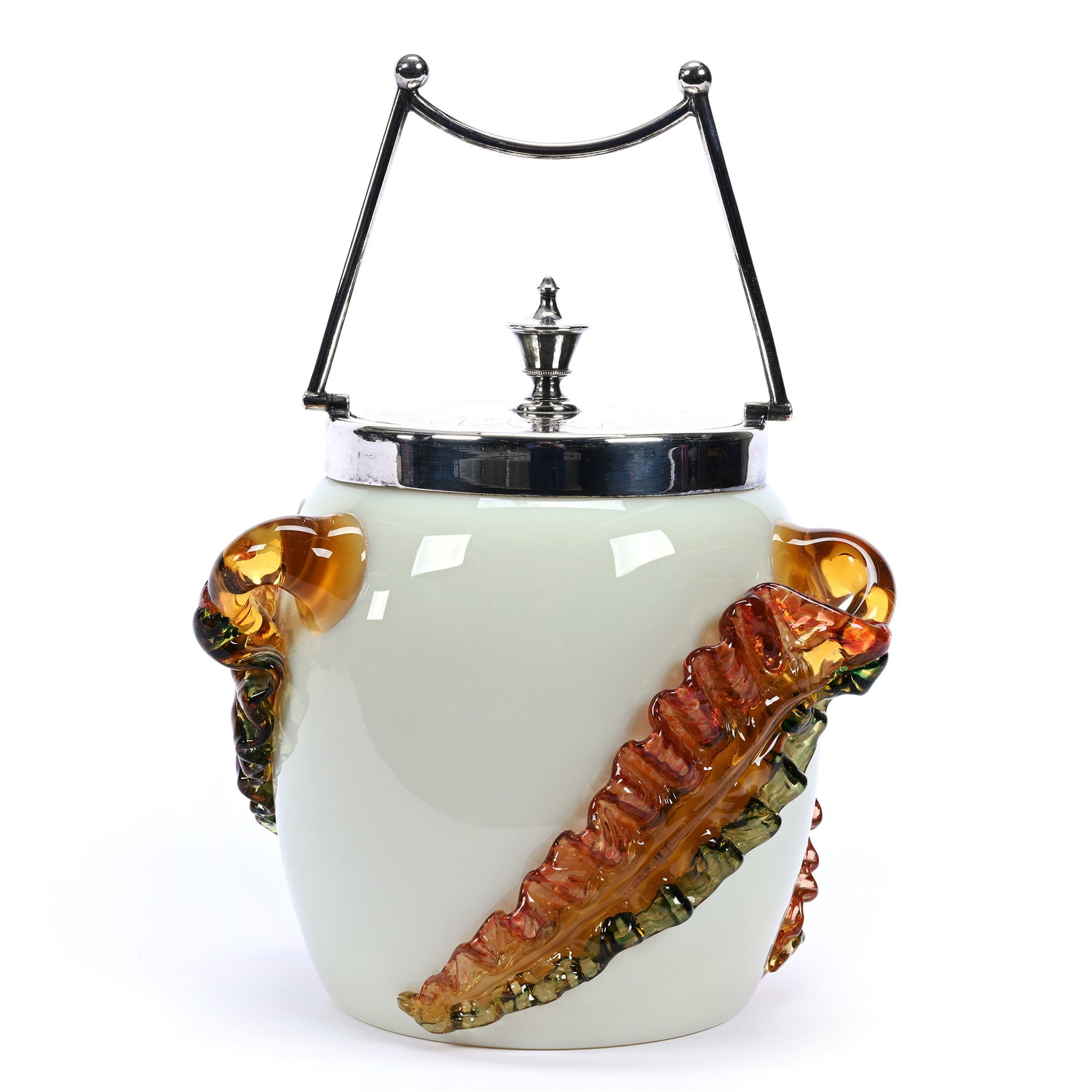 Biscuit Jar, Cased Art Glass Attributed To Stevens And Williams: Biscuit Jar, Cased Art Glass Attributed To Stevens And Williams, 7.25" x 6.5", White Exterior, Pink Interior, Three Large Applied Amber/Green/Pink Leaves, Silverplate Lid And Bail, Eleanor Dines Colle