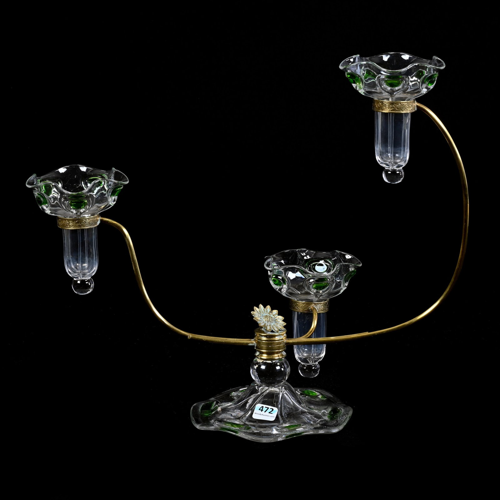 Epergne, Three Lily, Clear Art Glass With Green Dot Tadpole Design, Pattern Matched Foot: Epergne, Three Lily, Clear Art Glass With Green Dot Tadpole Design, Pattern Matched Foot, 14" x 16.5" x 8", Brass Arms, The Late Bunny Koppelman Whose Epergne Collection Was Featured In The Elegant Ep