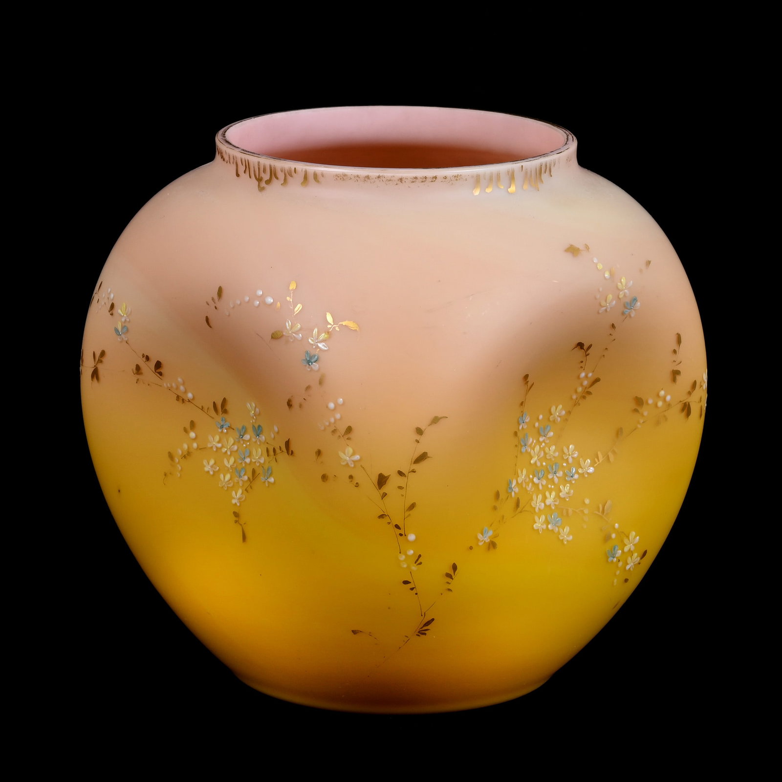 Vase, Four-Sided, Pink Shading To Yellow Satin Art Glass, Enamel Flora Decor: Vase, Four-Sided, Pink Shading To Yellow Satin Art Glass, Enamel Flora Decor, 7" x 6.5", Possibly Webb Or Harrach, Eleanor Dines Collection.