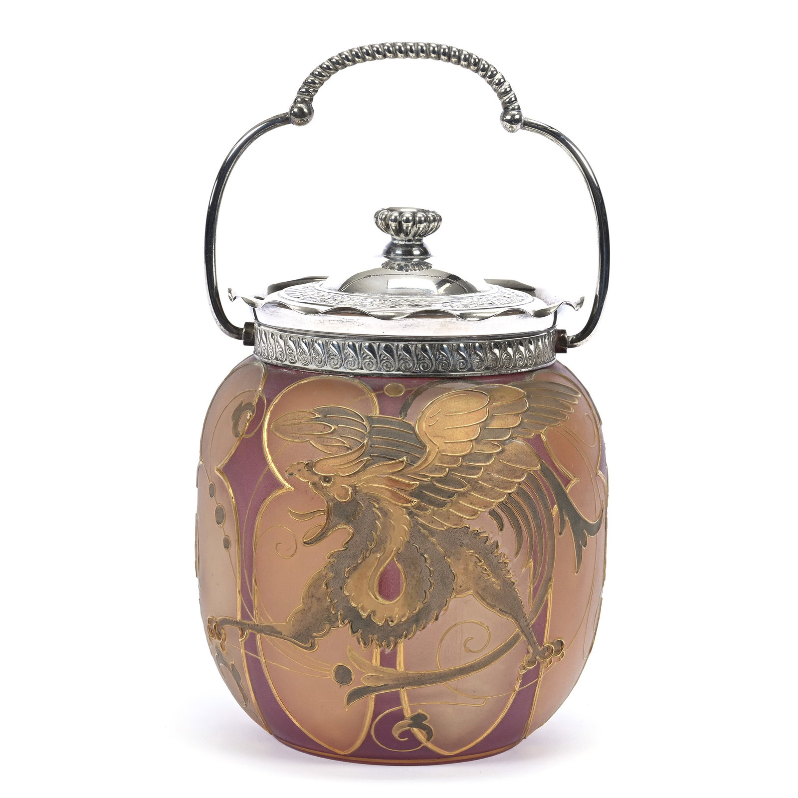 Biscuit Jar, Unmarked Royal Flemish Art Glass By Mt. Washington: Biscuit Jar, Unmarked Royal Flemish Art Glass By Mt. Washington, 7" x 5", Beautiful Panels With Griffin Enamel Decor, Silverplate Lid And Bail Marked Mt. Washington, Eleanor Dines Collection.