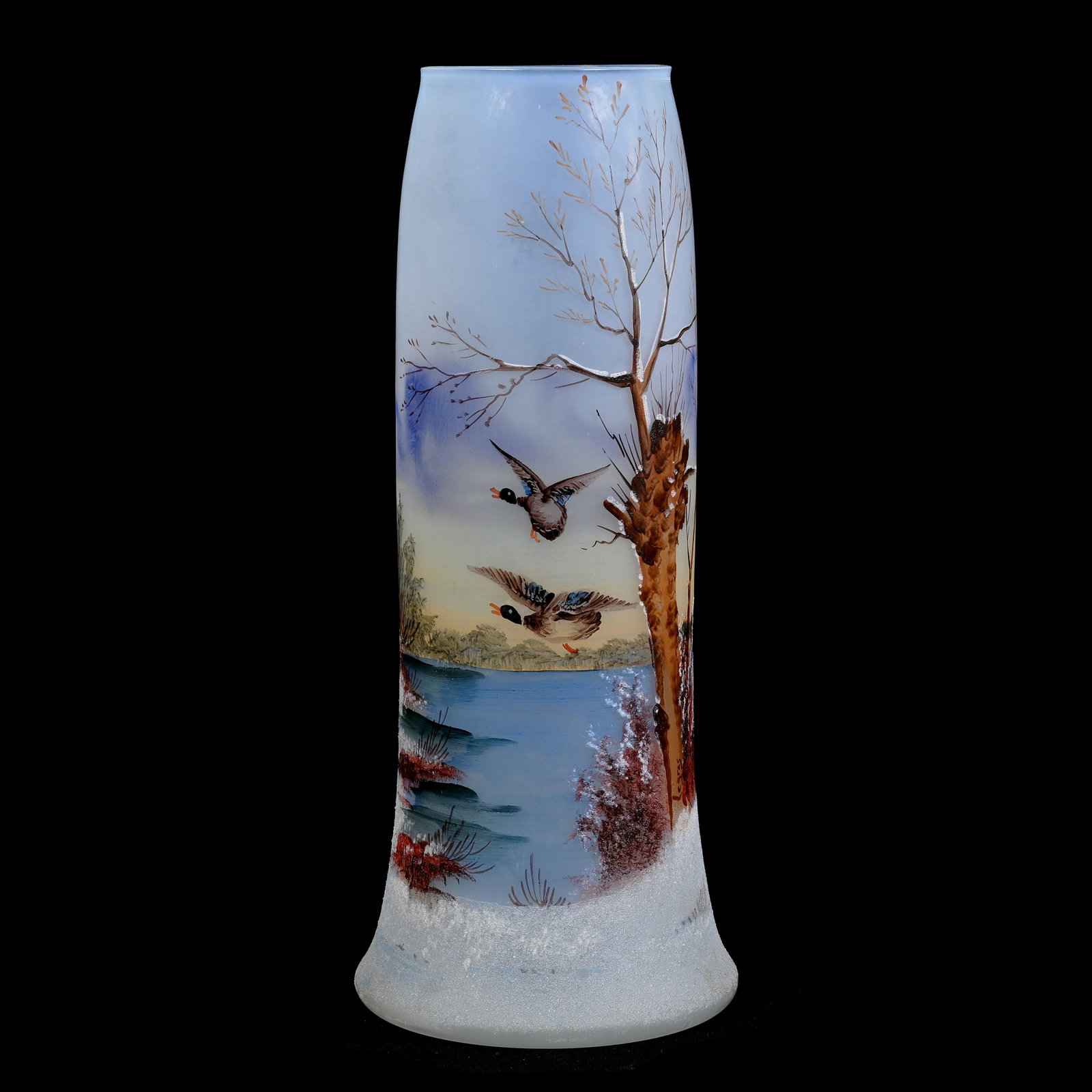 Vase Signed Le Gras French Art Glass, White Opalescent, Enamel Duck Scenic Decor: Vase Signed Le Gras French Art Glass, White Opalescent, Enamel Duck Scenic Decor, 9.5" x 4", Eleanor Dines Collection.