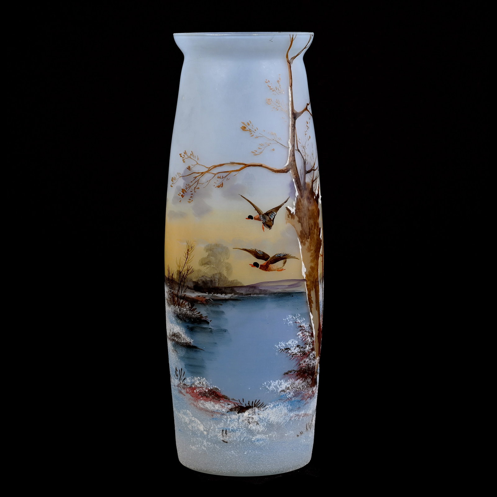 Vase, Unmarked Le Gras French Art Glass, White Opalescent With Enamel Duck Scenic Decor: Vase, Unmarked Le Gras French Art Glass, White Opalescent With Enamel Duck Scenic Decor, 10.75" x 4", Eleanor Dines Collection.