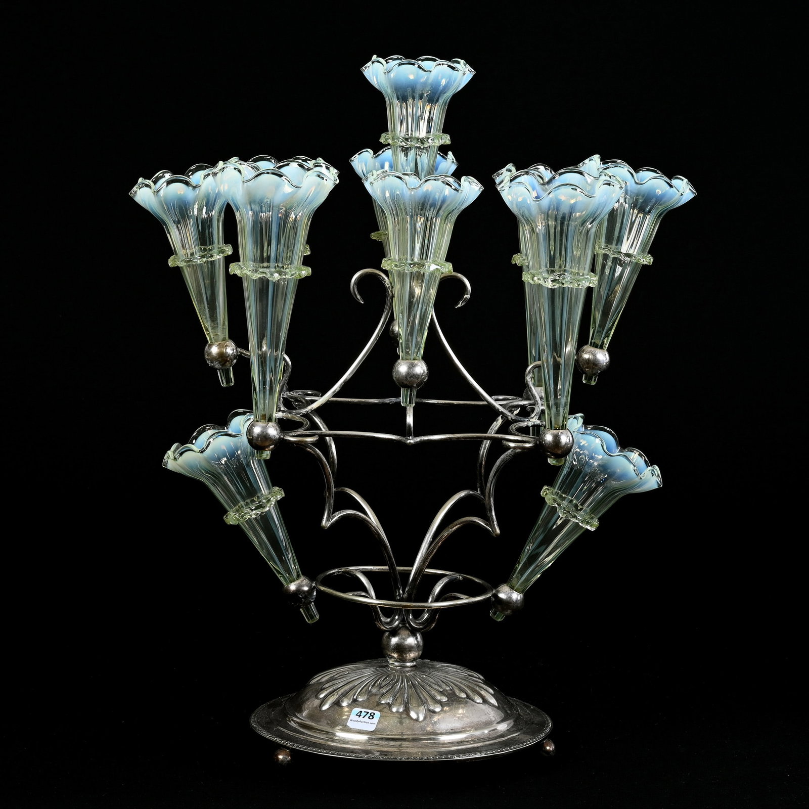 Epergne, Eleven Lilies, Vaseline Opalescent Lilies Set On Elaborate English Silverplate Frame: Epergne, Eleven Lilies, Vaseline Opalescent Lilies Set On Elaborate English Silverplate Frame, 20.5" x 14", Exactly As Featured In The Elegant Epergne, Page 100 And Page 101, Highly Reactive Under Bla