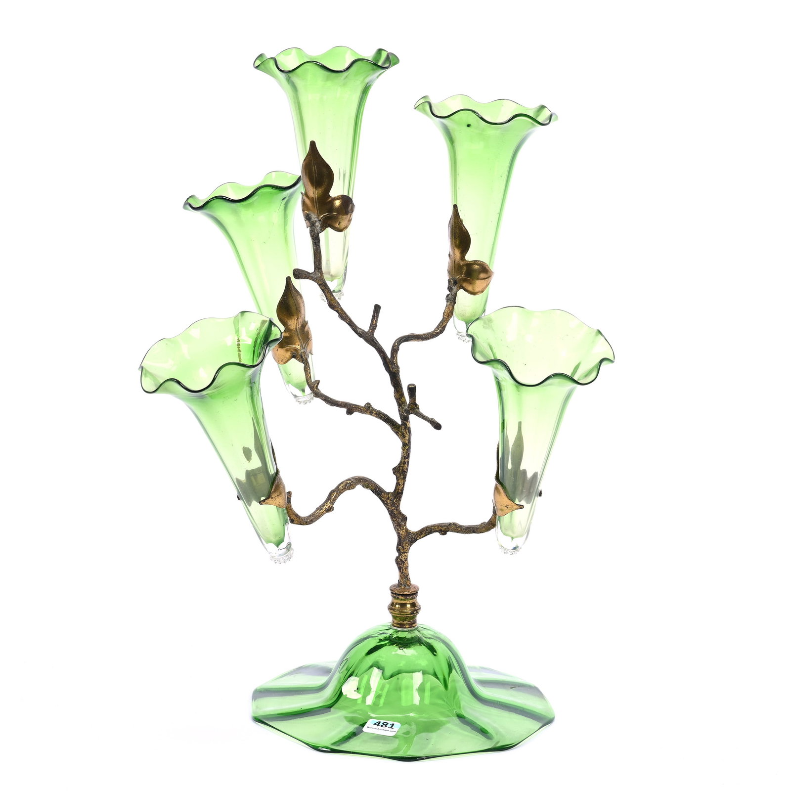 Epergne, Five Lily, Green Cased Art Glass With Matching Skirted Foot: Epergne, Five Lily, Green Cased Art Glass With Matching Skirted Foot, 17.5" x 13", Brass Figural Tree Branch Frame, Exactly As Featured In The Elegant Epergne, Page 99, The Late Bunny Koppelman Whose 