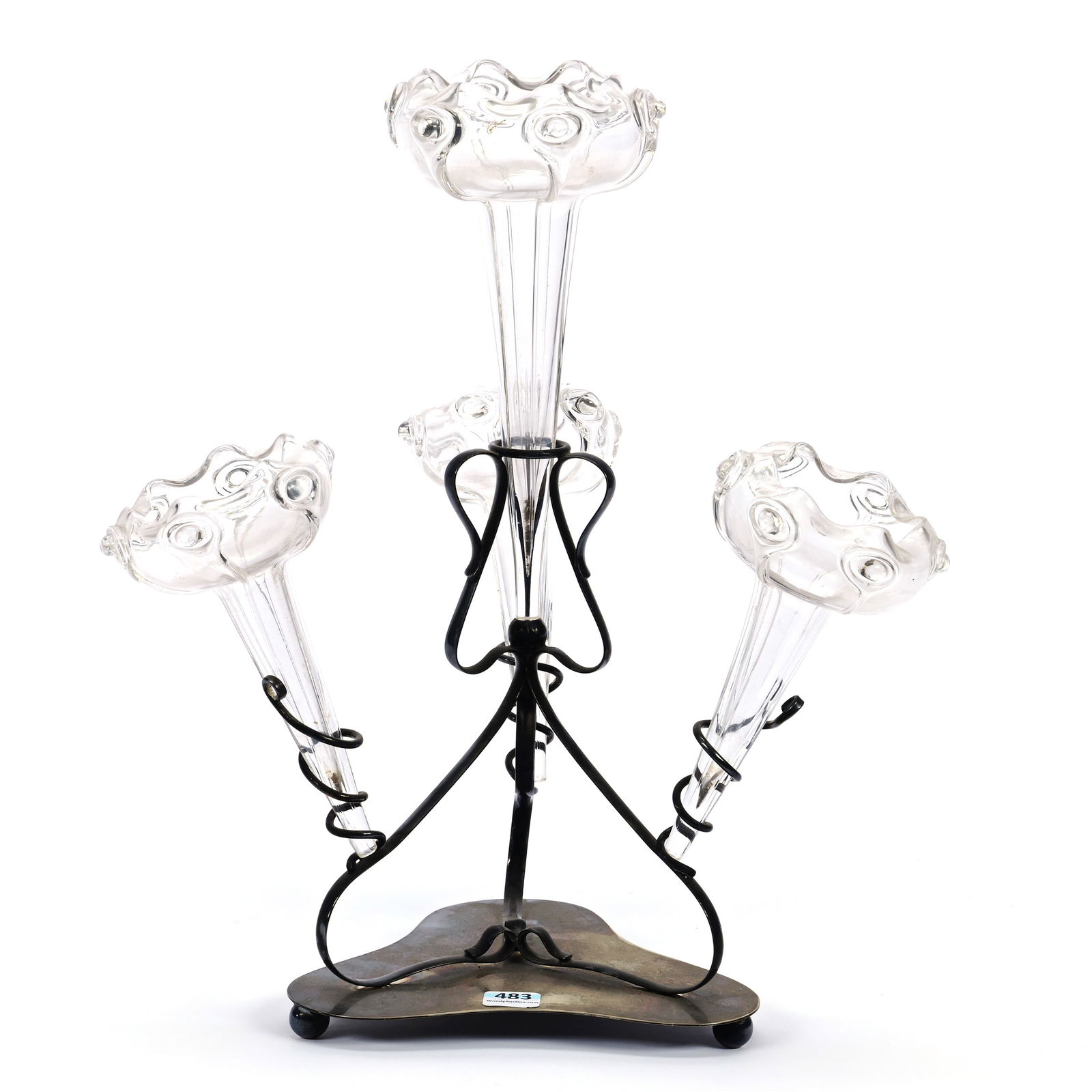 Epergne, Four Lily, Clear Art Glass Lilies With Tadpole Design: Epergne, Four Lily, Clear Art Glass Lilies With Tadpole Design, 14.75" x 12.5", Set On English Silverplate Stand, Attributed To Thomas Webb, Exactly As Featured In The Elegant Epergne, Page 102, The L