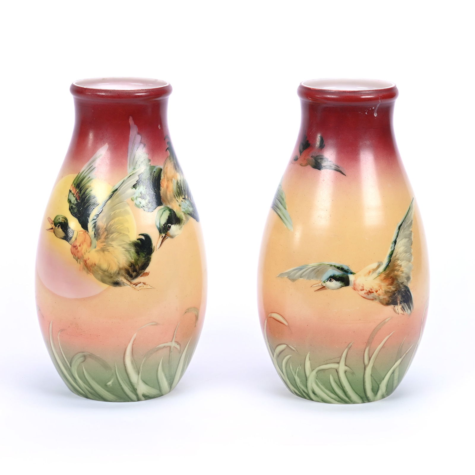 Pair Vases, Unmarked Pairpoint Opaline Art Glass, Rare Guba Duck Scenic Decor: Pair Vases, Unmarked Pairpoint Opaline Art Glass, Rare Guba Duck Scenic Decor, 12" x 6.25", One Vase Has Interior Rim Chip, Eleanor Dines Collection.