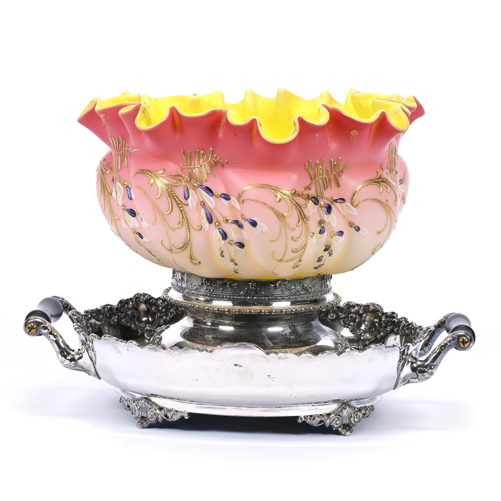 Centerpiece Basket, Beautiful Pink Satin Art Glass Bowl, Enamel Floral Decor: Centerpiece Basket, Beautiful Pink Satin Art Glass Bowl, Enamel Floral Decor, 9.25" x 13" x 10.25", Incredibly Bright Yellow Interior, Set On Simpson Hall And Miller #651 Silverplate Stand With Ebony 