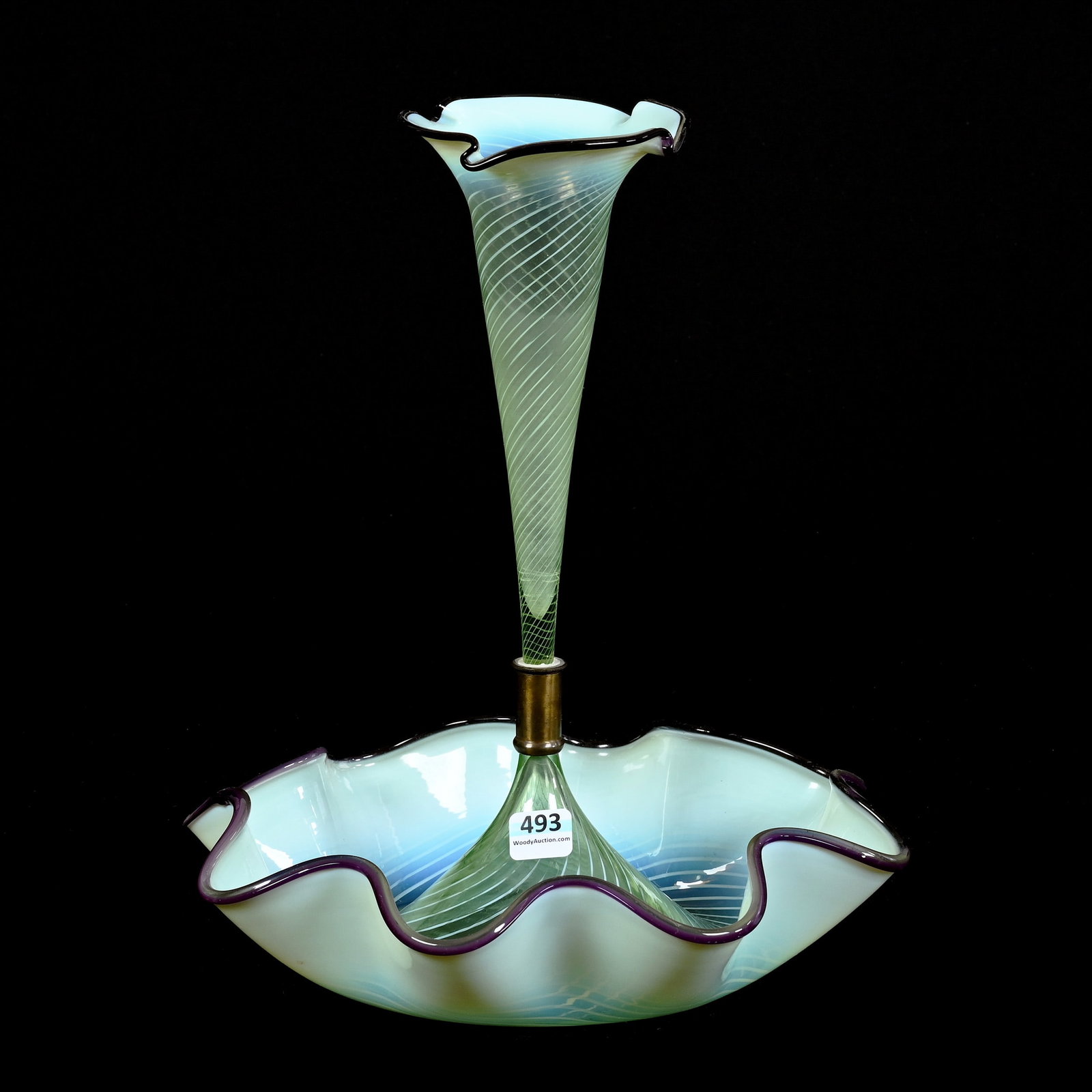 Epergne, Single Lily, Vaseline Opalescent Swirl Art Glass, Applied Amethyst Rim: Epergne, Single Lily, Vaseline Opalescent Swirl Art Glass, Applied Amethyst Rim, 12" x 10.25", Reactive Under Black Light, The Late Bunny Koppelman Whose Epergne Collection Was Featured In The Elegant