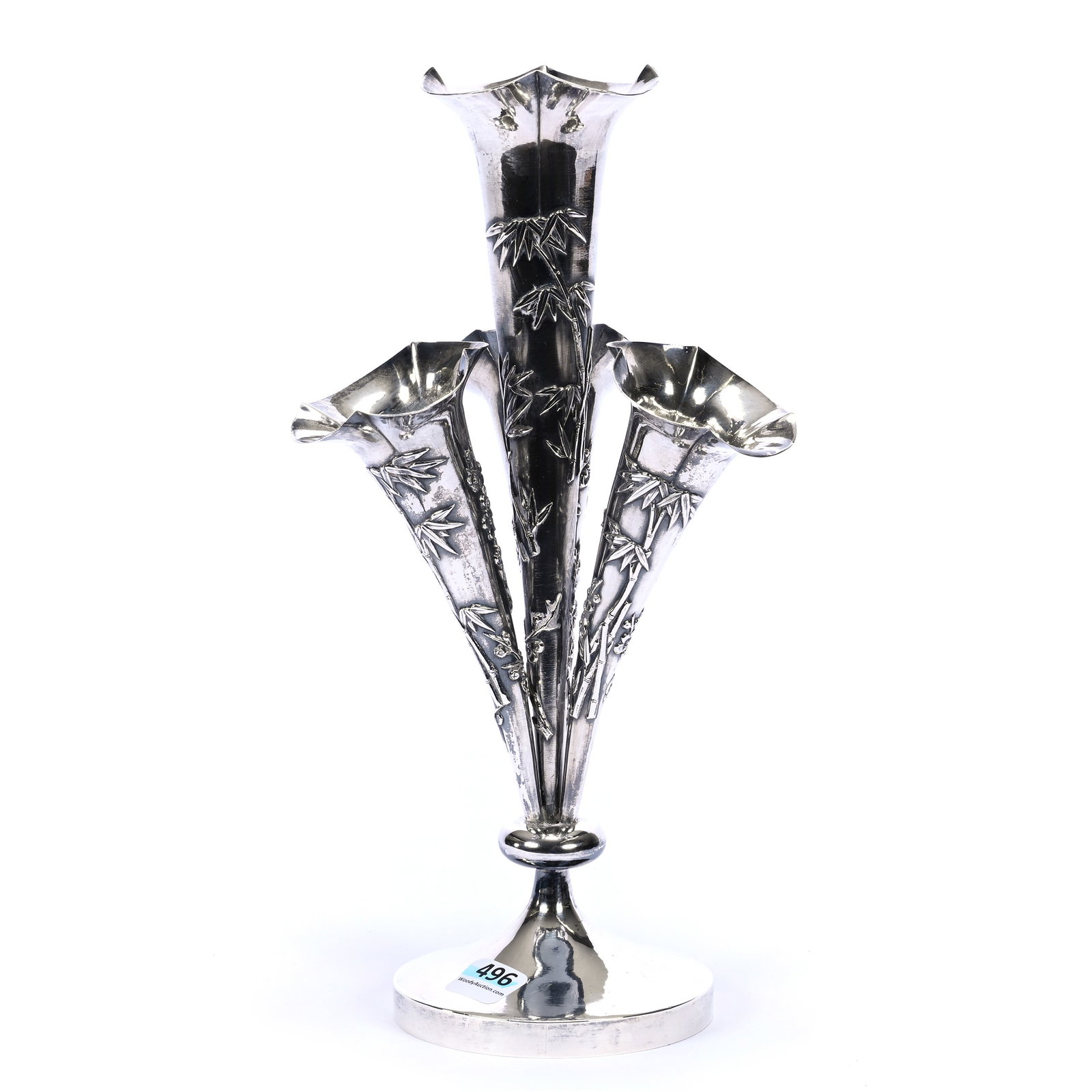Epergne, Four Lily, Hallmarks Indicate Wang Hing And Company Of Hong Kong Silverplate (1854-1925): Epergne, Four Lily, Hallmarks Indicate Wang Hing And Company Of Hong Kong Silverplate (1854-1925), 11.25" x 6", Embossed Bamboo And Floral Design, The Late Bunny Koppelman Whose Epergne Collection Was