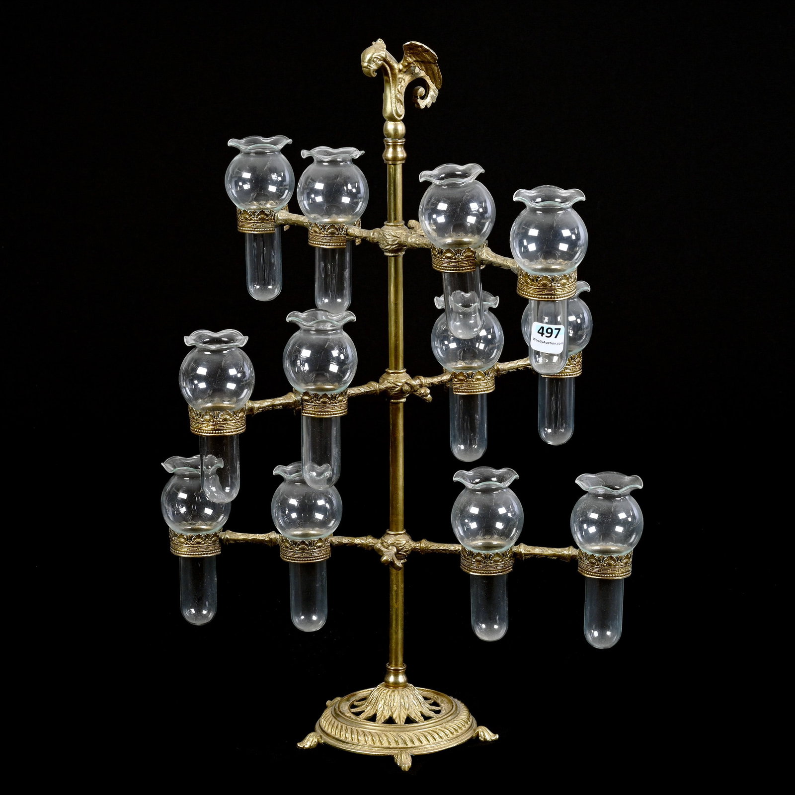 Epergne, Three Adjustable Arms With (12) Removable Clear Glass Vases: Epergne, Three Adjustable Arms With (12) Removable Clear Glass Vases, 18" x 12.5", Brass Stand, One Arm Might Need Eventual Touch-Up, The Late Bunny Koppelman Whose Epergne Collection Was Featured In 