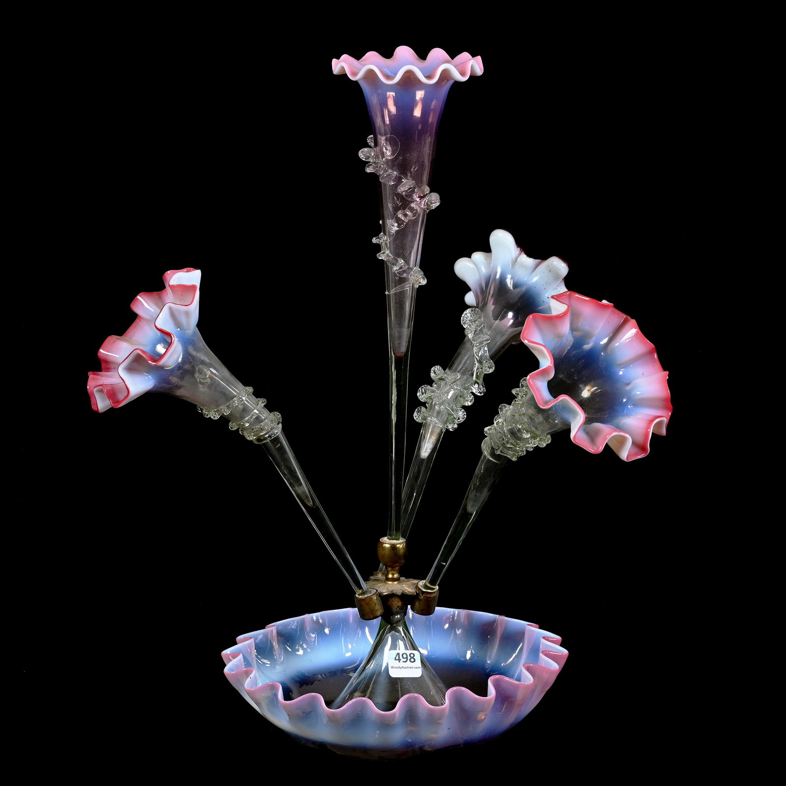 Epergne, Four Lily, Cranberry Vaseline Opalescent Art Glass: Epergne, Four Lily, Cranberry Vaseline Opalescent Art Glass, 17" x 15", One Side Lily Has Different Pattern Than Other Three Lilies, Highly Reactive Under Black Light, The Late Bunny Koppelman Whose E
