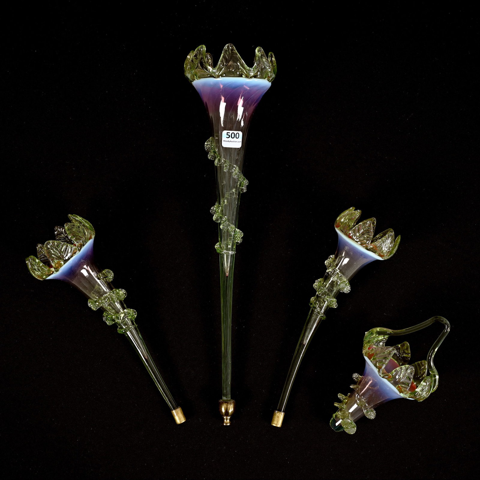 Epergne Parts, Cranberry Vaseline Opalescent With Applied Rim: Epergne Parts, Cranberry Vaseline Opalescent With Applied Rim, (1) 16" Center Lily, Chip On One Rigoree, (2) 10" Side Lilies, (1) 7" Hanging Basket, Crack In Handle, See Photos For Details, The Late B