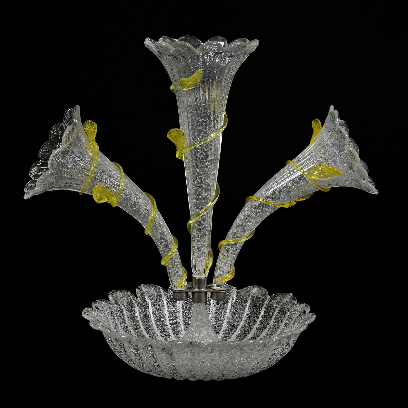 Epergne, Three Lily, Clear Overshot Art Glass, Yellow Applied Vine And Leaf Decor: Epergne, Three Lily, Clear Overshot Art Glass, Yellow Applied Vine And Leaf Decor, 16" x 16", The Late Bunny Koppelman Whose Epergne Collection Was Featured In The Elegant Epergne.