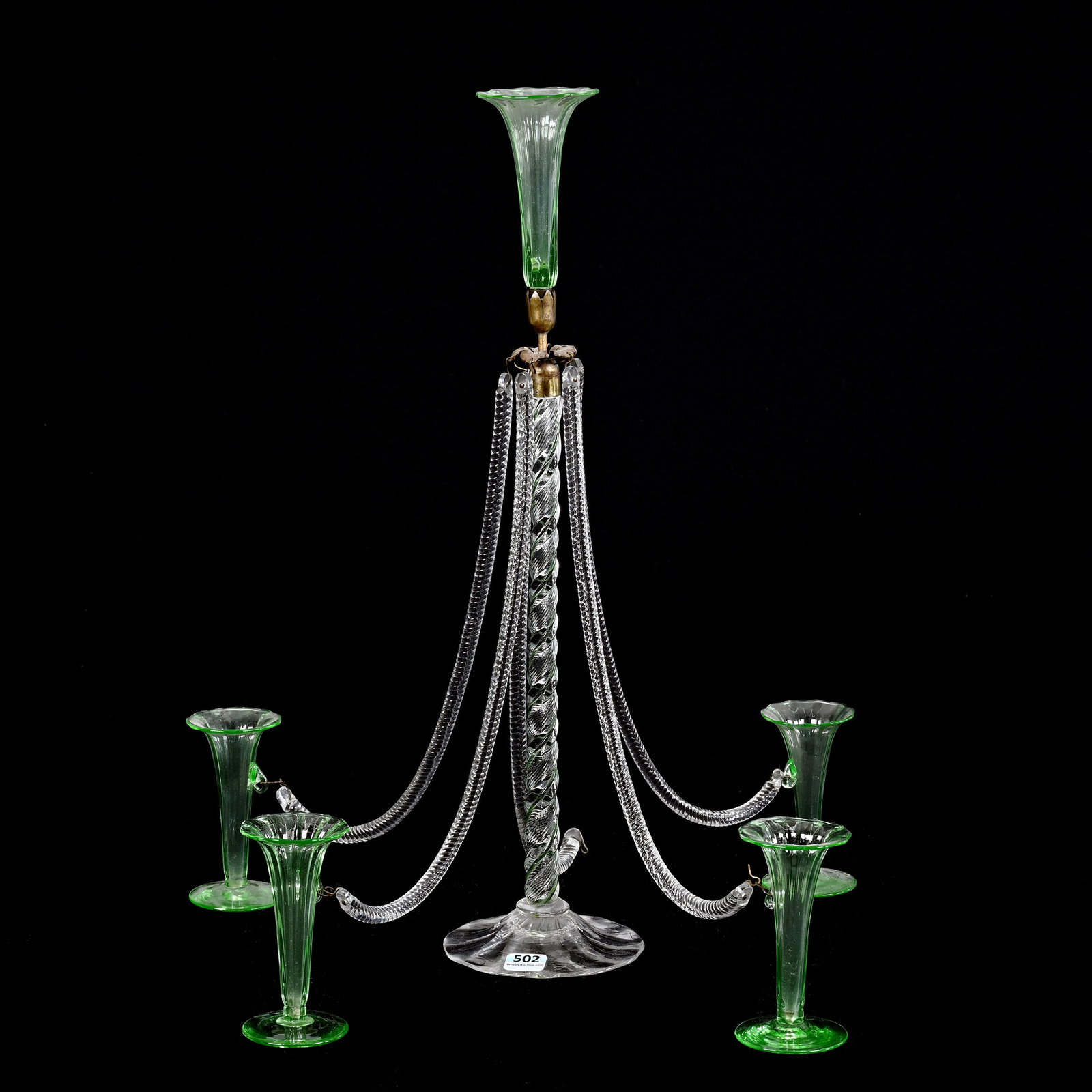 Epergne, Specialized, Maypole Design, Clear Art Glass With Green Ribbon: Epergne, Specialized, Maypole Design, Clear Art Glass With Green Ribbon, 18.5" x 16", Center Lily, Five Arms Connected To Stand-Alone Vases, One Vase Missing, Exactly As Shown In The Elegant Epergne, 