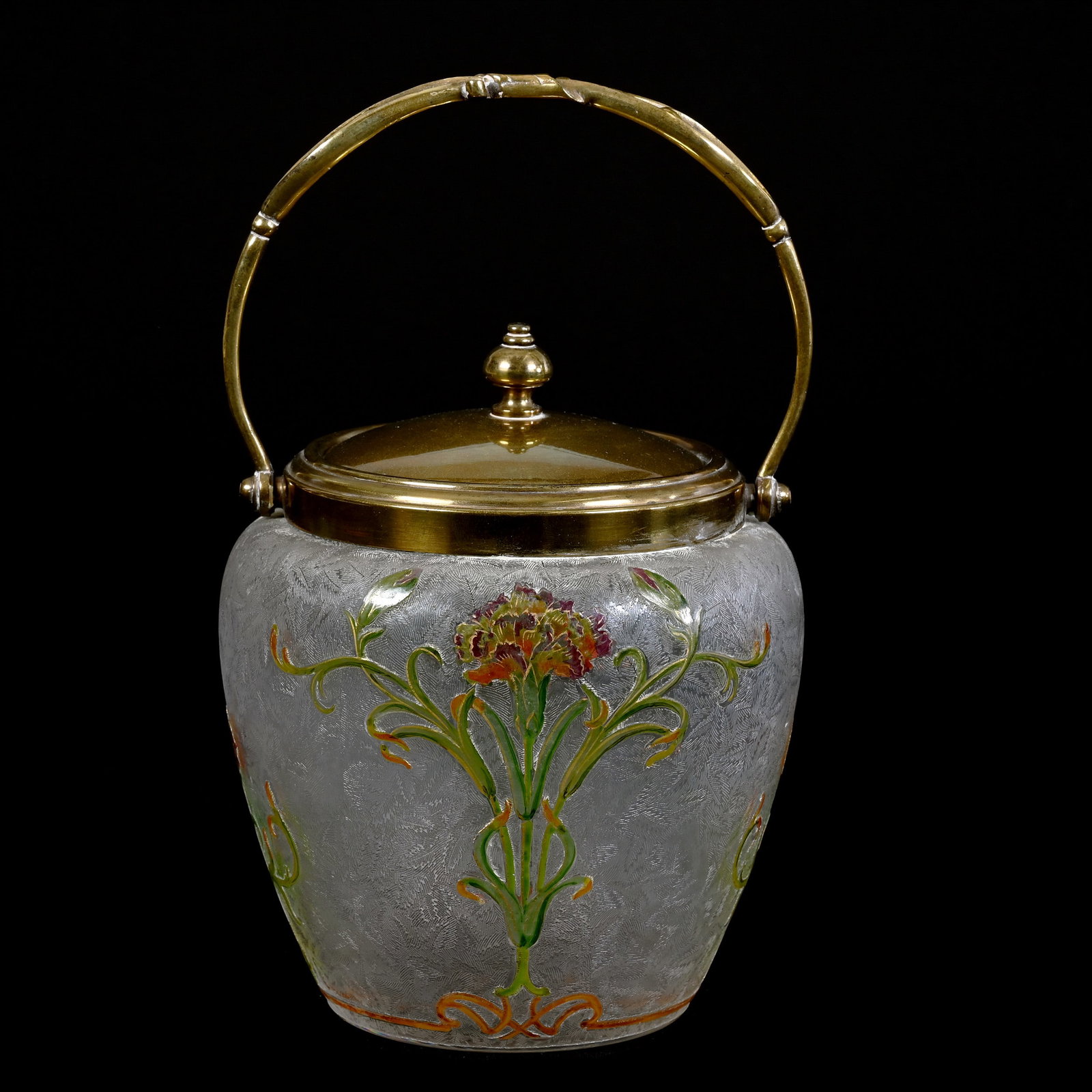Biscuit Jar, Unmarked Baccarat Or St. Louis Art Glass: Biscuit Jar, Unmarked Baccarat Or St. Louis Art Glass, 7" x 5.5", Acid Cut Background With Enamel Floral Decor, Brass Color Lid And Bail, Eleanor Dines Collection.