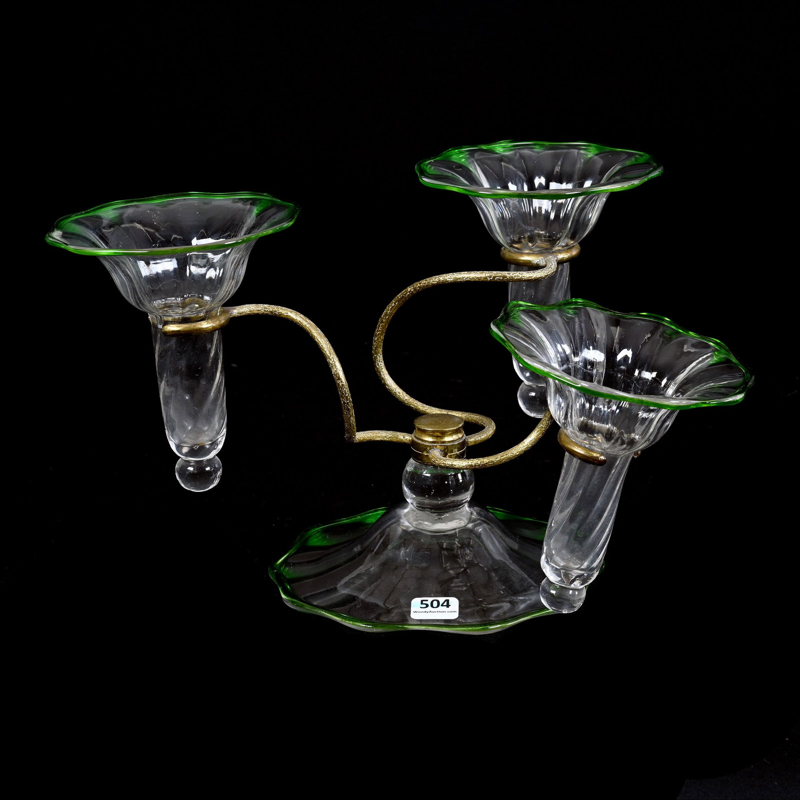 Epergne, Three Lily, Clear Art Glass Swirl, Green Applied Trim: Epergne, Three Lily, Clear Art Glass Swirl, Green Applied Trim, 7.5" x 12.5", Attributed To Stourbridge, Circa 1900's, Exactly As Featured In The Elegant Epergne, Page 83, The Late Bunny Koppelman Who