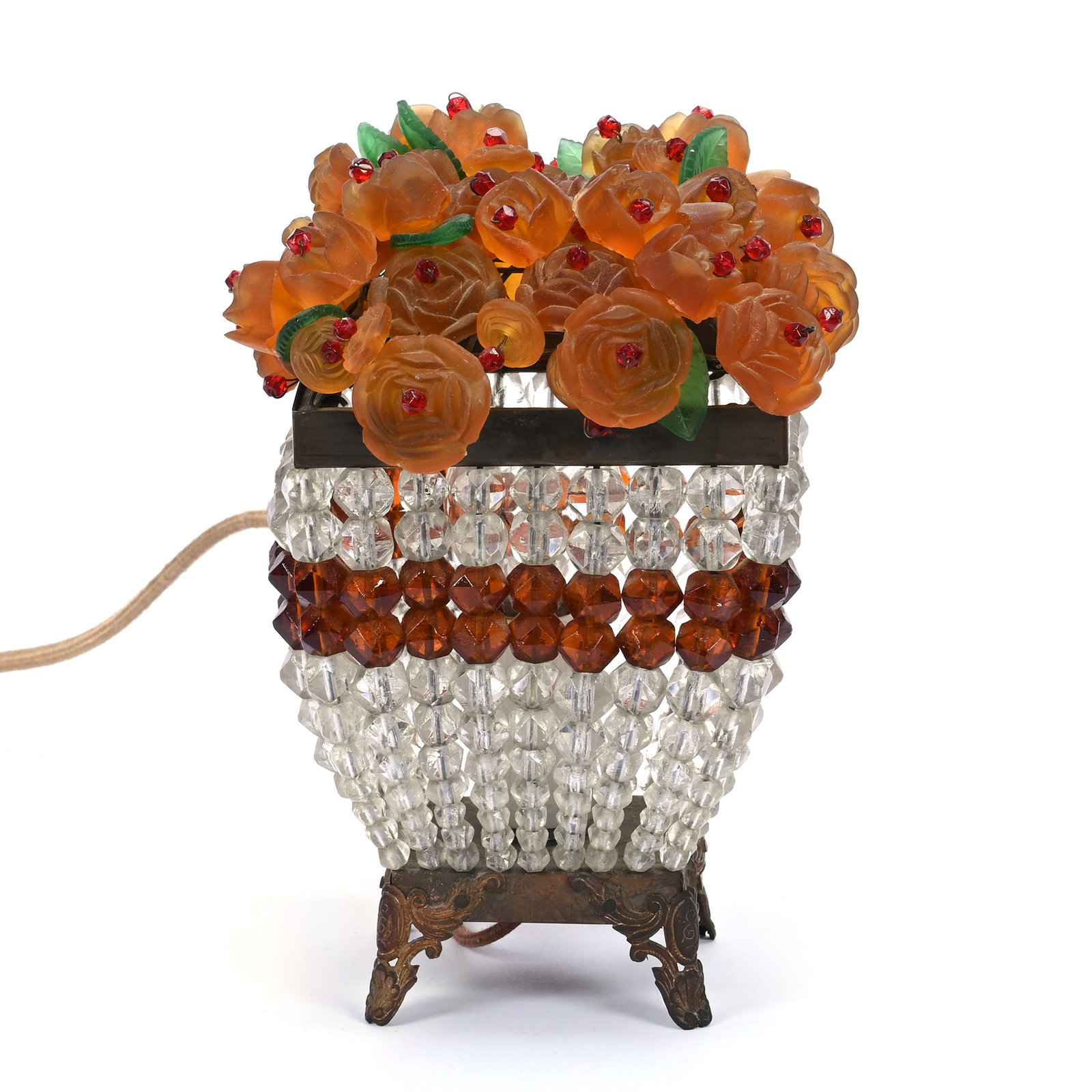 Boudoir Lamp, Unmarked Czechoslovakia Floral Basket Design: Boudoir Lamp, Unmarked Czechoslovakia Floral Basket Design, 6.5" x 4.5", Electrified, Single Light, Working Condition, Eleanor Dines Collection.