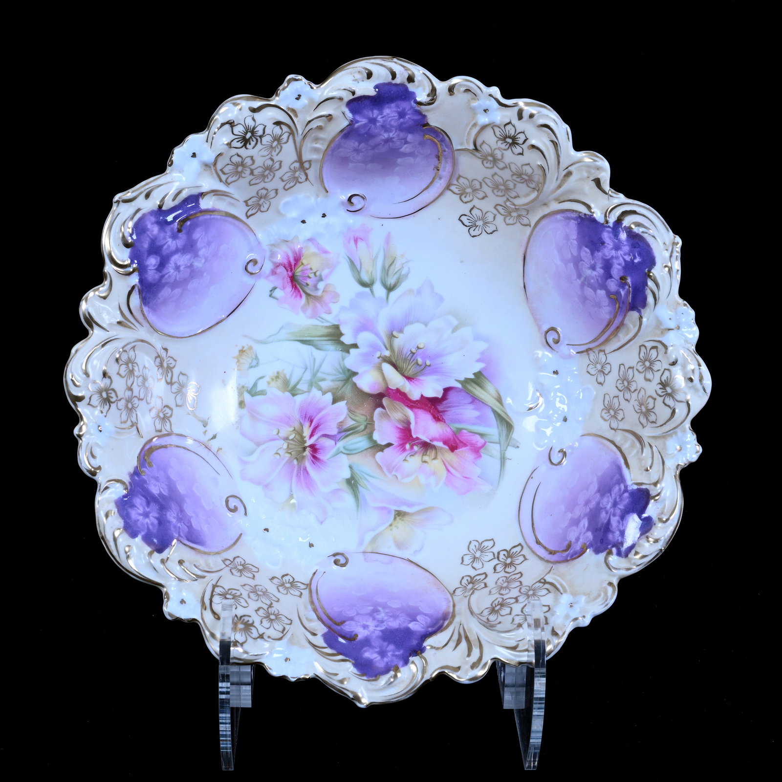 Bowl, Unmarked R.S. Prussia: Bowl, Unmarked R.S. Prussia, 10.25", Cream, White And Lavender Tones, Floral Decor, Gold Stencil Highlights, Collection Of The Late T. J. Wilson, Oklahoma. Mr. Wilson Marked The Majority Of His Collec