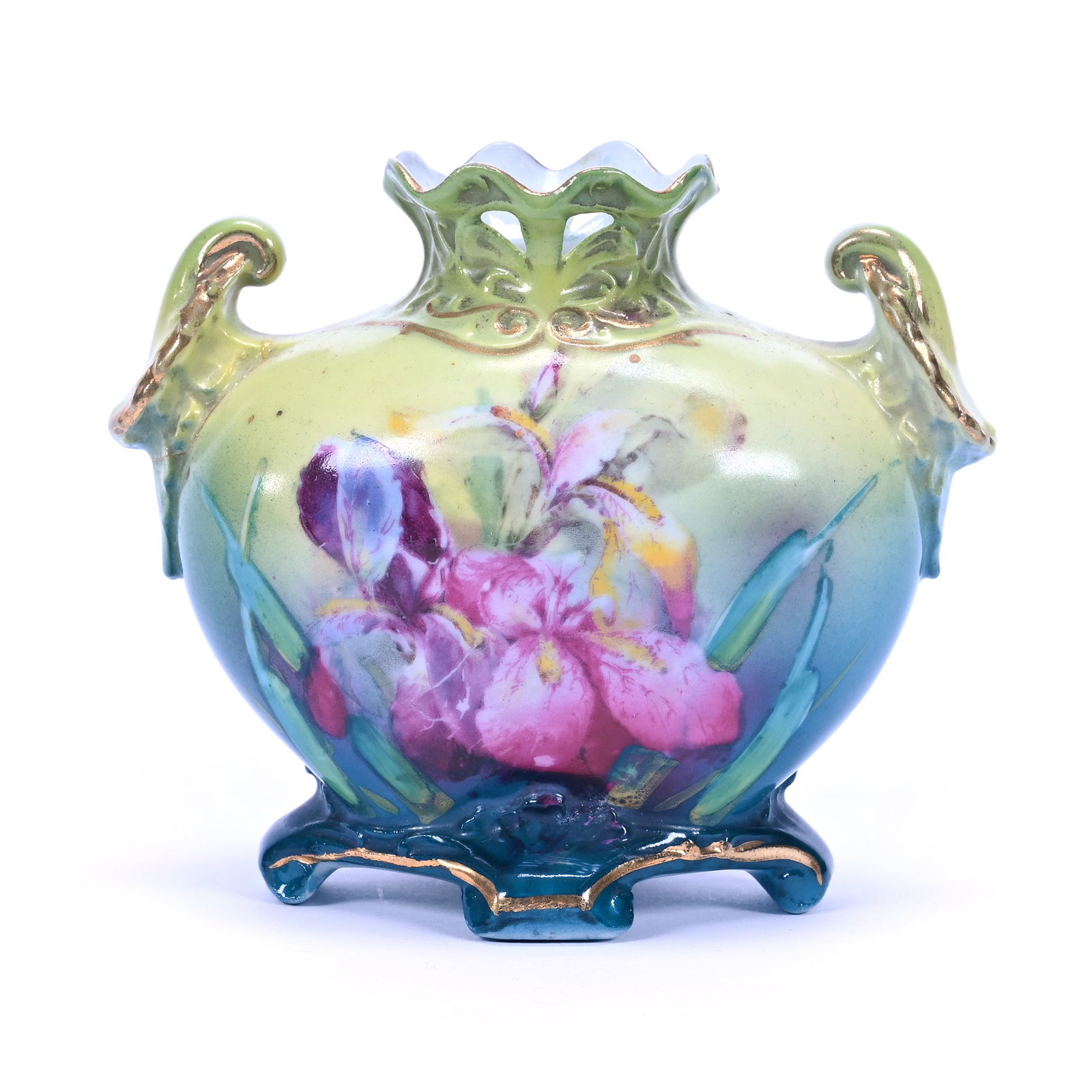 Vase, Two Handles, Royal Bayreuth Blue Mark, Green And Yellow Tones, Iris Decor: Vase, Two Handles, Royal Bayreuth Blue Mark, Green And Yellow Tones, Iris Decor, 3.5" x 4.25", Collection Of The Late T. J. Wilson, Oklahoma. Mr. Wilson Marked The Majority Of His Collection With A Bl