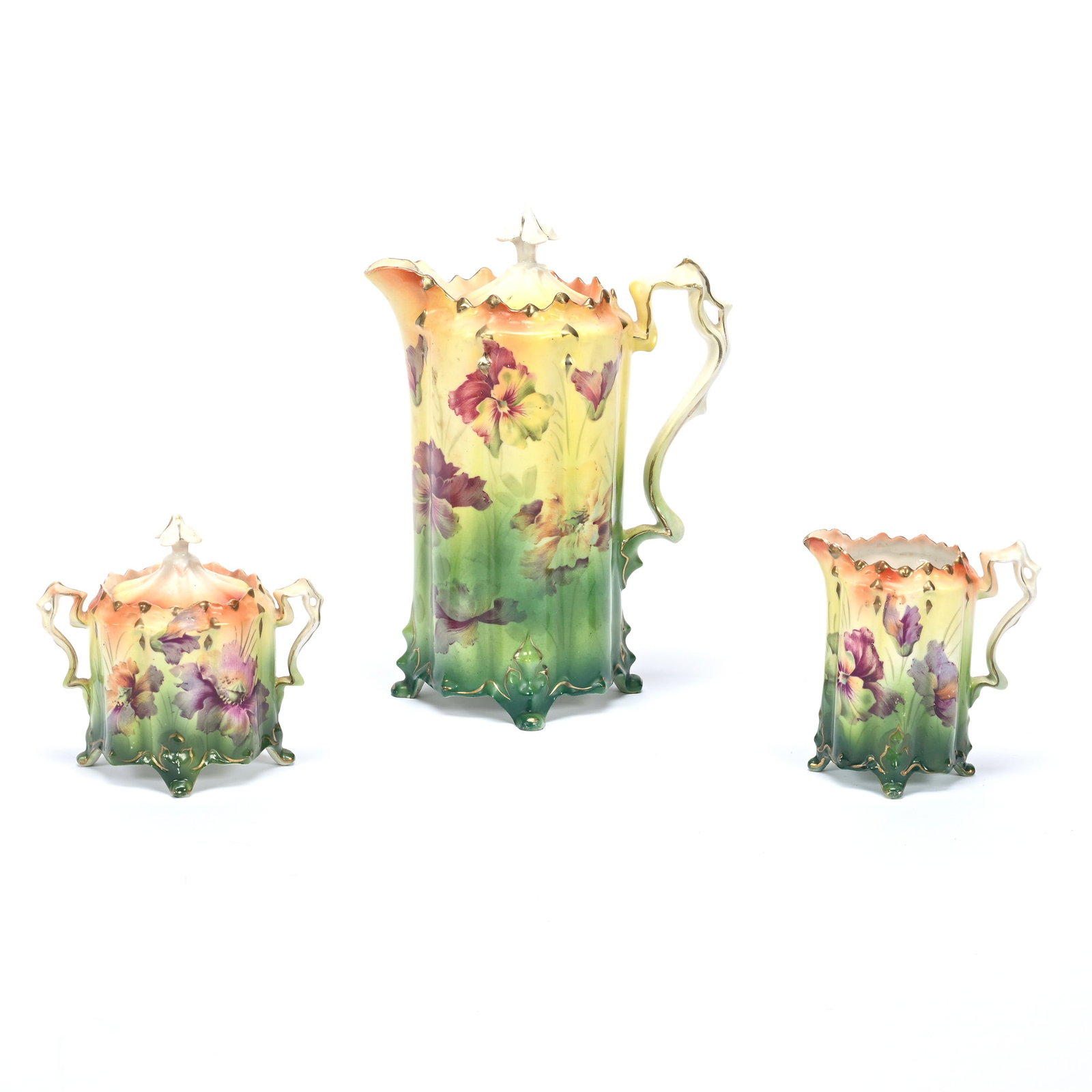 Chocolate Set, Three Piece, Unmarked R.S. Prussia, Footed Melon Ribbed, Poppy Decor: Chocolate Set, Three Piece, Unmarked R.S. Prussia, Footed Melon Ribbed, Poppy Decor, Orange, Yellow And Green Tones, (1) 9.25" x 6.75" Chocolate Pot, Matching Creamer And Sugar, Collection Of The Late
