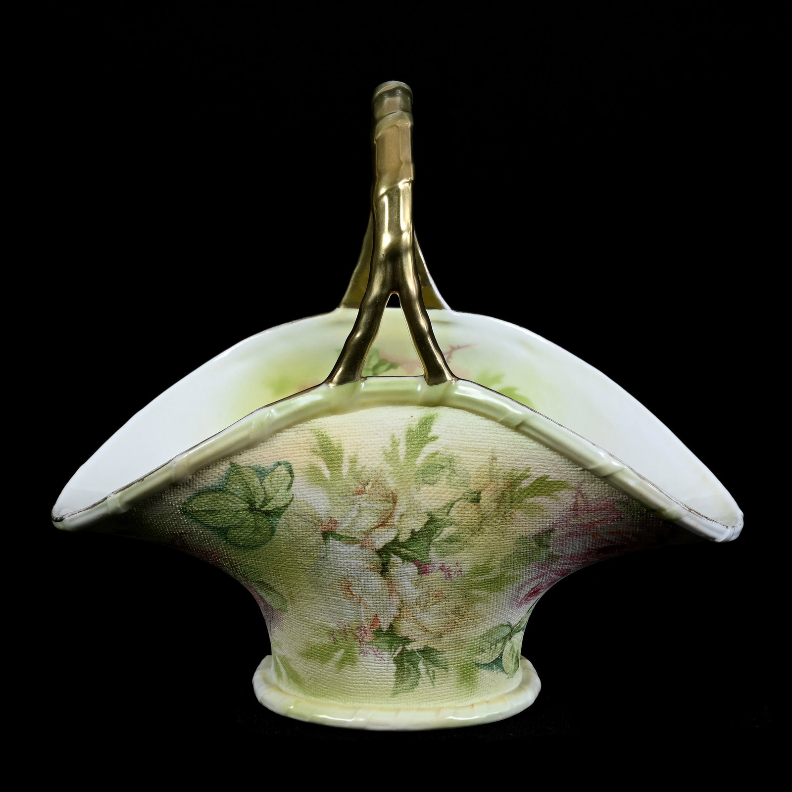 Basket, Royal Bayreuth Blue Mark, Rose Tapestry Decor: Basket, Royal Bayreuth Blue Mark, Rose Tapestry Decor, 6.5" x 7.25" x 4", Collection Of The Late T. J. Wilson, Oklahoma. Mr. Wilson Marked The Majority Of His Collection With A Black Marker Which Will
