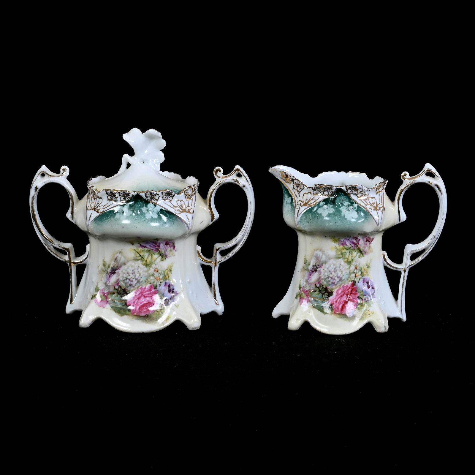 Creamer And Sugar Set Marked R.S. Prussia, Point And Clover Mold, Glass Bowl Decor: Creamer And Sugar Set Marked R.S. Prussia, Point And Clover Mold, Glass Bowl Decor, 5" x 6", Green, Yellow And White Tones, Collection Of The Late T. J. Wilson, Oklahoma. Mr. Wilson Marked The Majorit