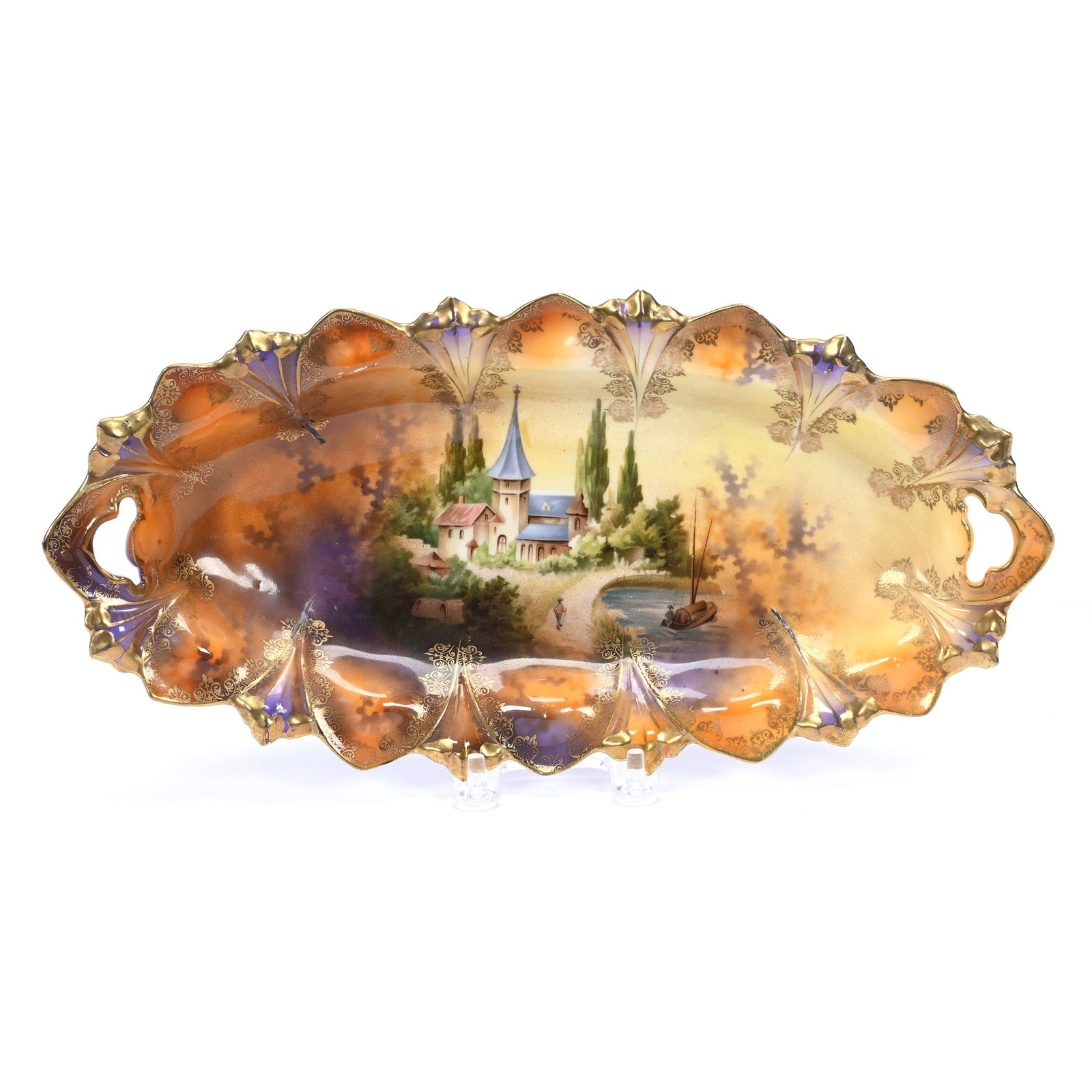 Celery Tray Marked R.S. Prussia, Castle Scenic Decor: Celery Tray Marked R.S. Prussia, Castle Scenic Decor, 12.5" x 6", Brown And Lavender Tones, Gold Stencil Highlights, Collection Of The Late T. J. Wilson, Oklahoma. Mr. Wilson Marked The Majority Of Hi
