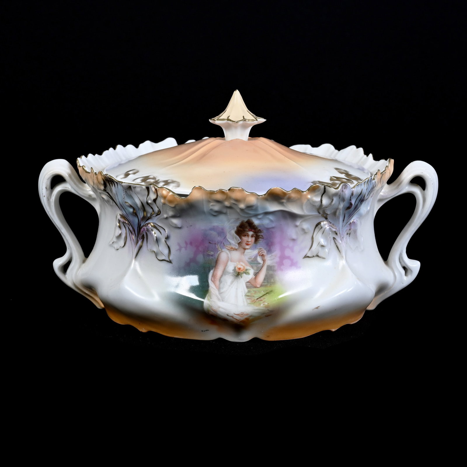 Cracker Jar, Two Handles, Marked R.S. Prussia, Iris Mold, Fall Season Portrait Decor: Cracker Jar, Two Handles, Marked R.S. Prussia, Iris Mold, Fall Season Portrait Decor, 5" x 8.75", Orange, White And Lavender Satin Finish, Finial With Professional Repair, Collection Of The Late T. J.