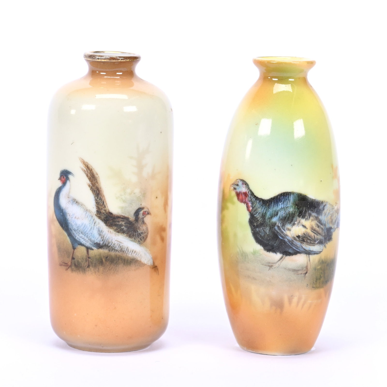 (2) Vases, (1) Marked R.S. Poland, Pheasant Decor, (1) Unmarked Prussia Turkey Decor: (2) Vases, (1) Marked R.S. Poland, Pheasant Decor, (1) Unmarked Prussia Turkey Decor, 3.5" x 1.5" approximately, Collection Of The Late T. J. Wilson, Oklahoma. Mr. Wilson Marked The Majority Of His Co
