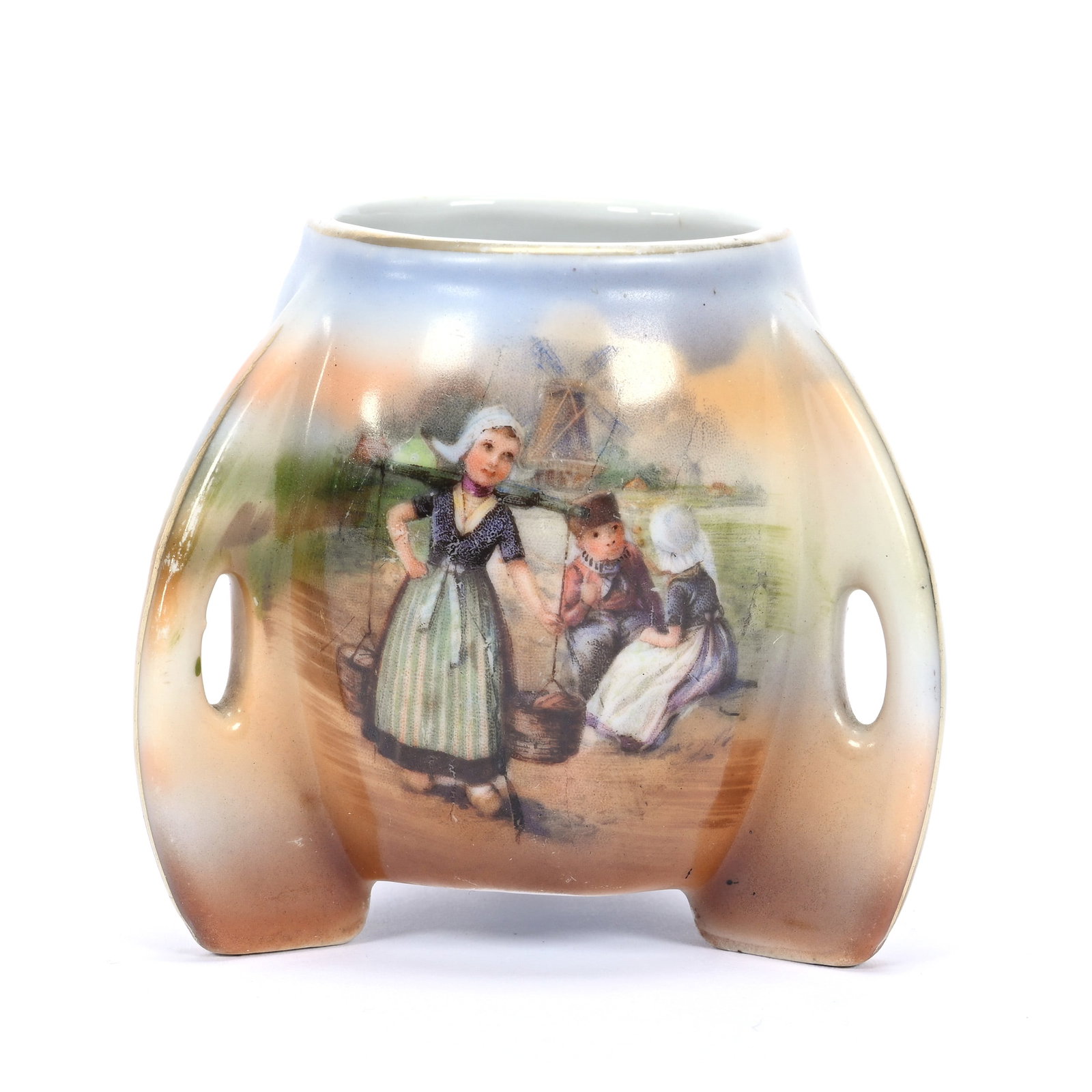 Toothpick Holder, Three Handles, Royal Bayreuth Blue Mark, Dutch Children Decor: Toothpick Holder, Three Handles, Royal Bayreuth Blue Mark, Dutch Children Decor, 2.75" x 3", Collection Of The Late T. J. Wilson, Oklahoma. Mr. Wilson Marked The Majority Of His Collection With A Blac