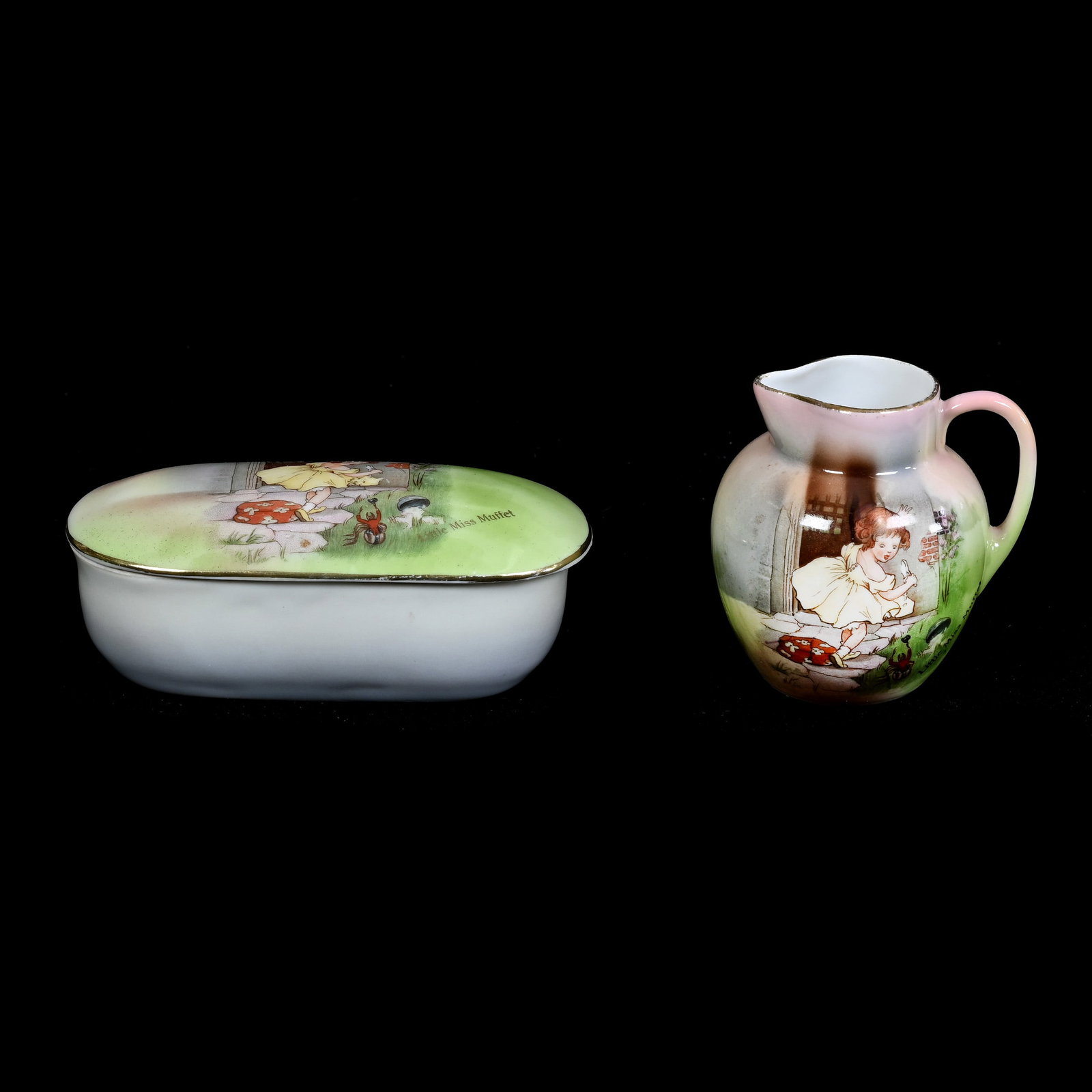(2) Items, Royal Bayreuth Blue Mark, Little Miss Muffet Decor: (2) Items, Royal Bayreuth Blue Mark, Little Miss Muffet Decor, (1) 4.5" Covered Pin Dish, (1) 2.75" Creamer, Collection Of The Late T. J. Wilson, Oklahoma. Mr. Wilson Marked The Majority Of His Collec