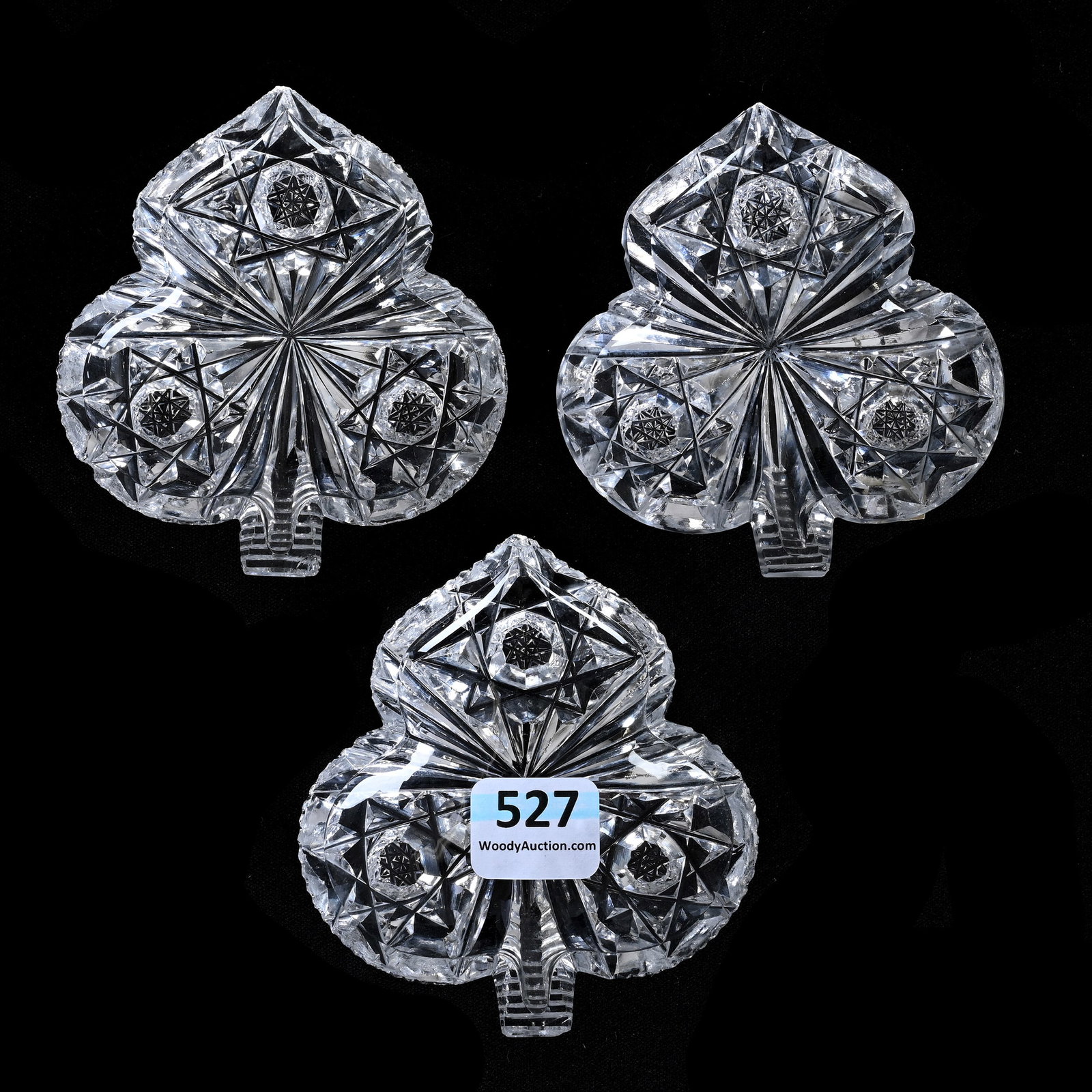 (3) Butter Pats, American Brilliant Cut Glass, Signed Hawkes, Club Shape: (3) Butter Pats, American Brilliant Cut Glass, Signed Hawkes, Club Shape, 3.25" x 3", Hobstar And Fan Motif, Some Edge Roughness, Collection Of The Late T. J. Wilson, Oklahoma. Mr. Wilson Marked The M