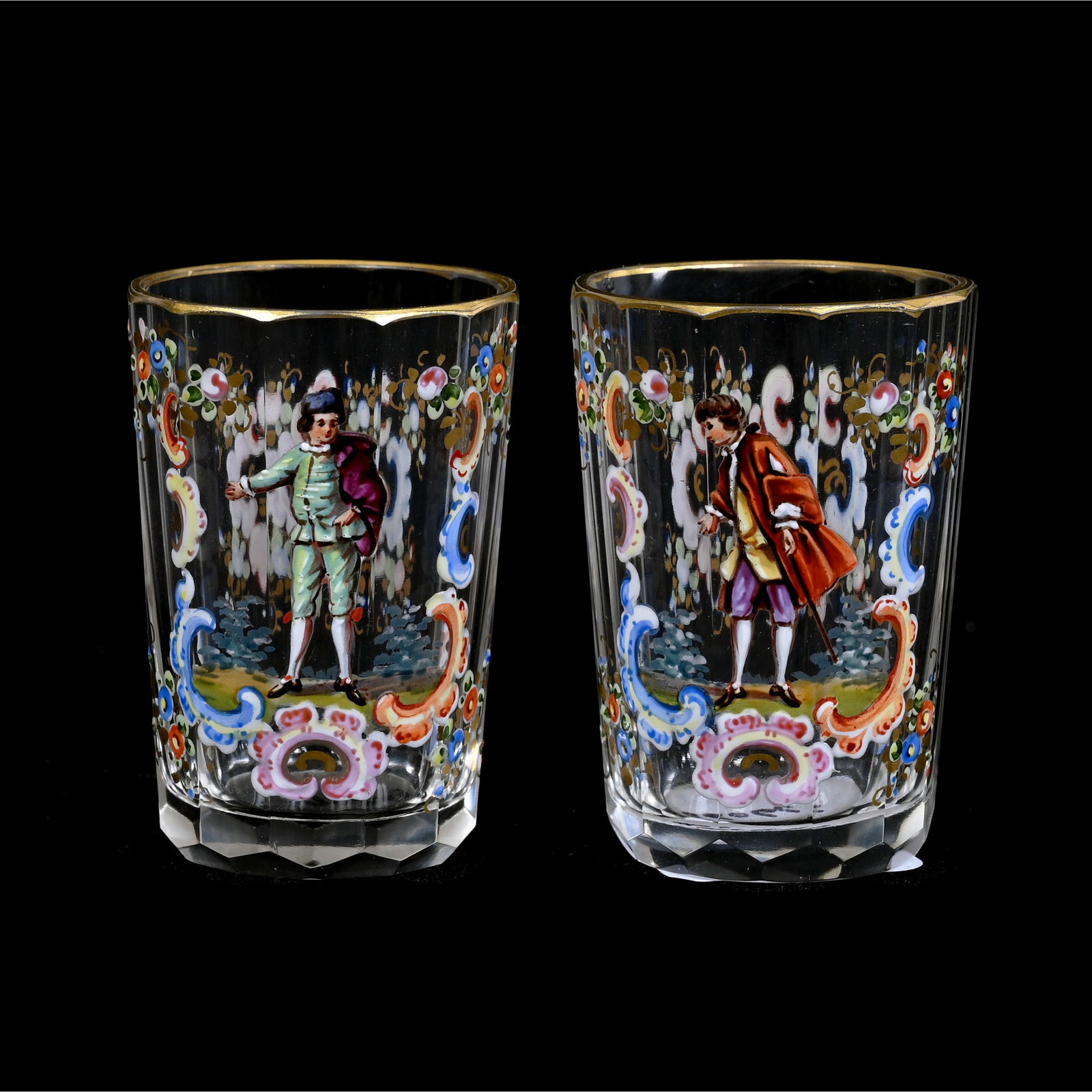 Pair Liqueur Glasses, Attributed To Lobmeyr, Heavy Colorful Enamel Flora Decor: Pair Liqueur Glasses, Attributed To Lobmeyr, Heavy Colorful Enamel Flora Decor, 2" x 1.25", Classically Dressed Men, Collection Of The Late T. J. Wilson, Oklahoma. Mr. Wilson Marked The Majority Of Hi