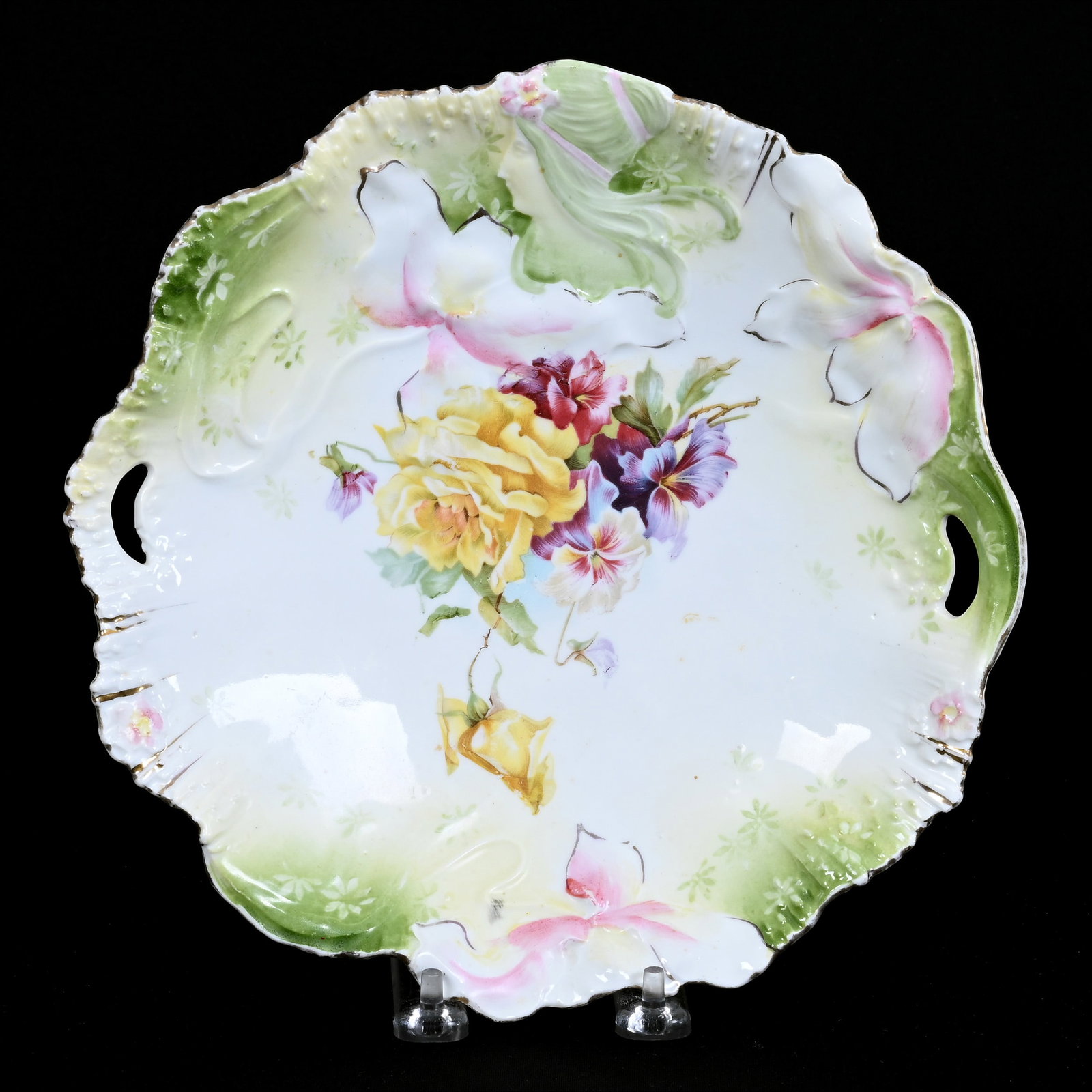 Cake Plate, Unmarked R.S. Prussia, Hidden Image Mold: Cake Plate, Unmarked R.S. Prussia, Hidden Image Mold, 9.5", Green, Yellow And White Tones, Floral Decor, Collection Of The Late T. J. Wilson, Oklahoma. Mr. Wilson Marked The Majority Of His Collection