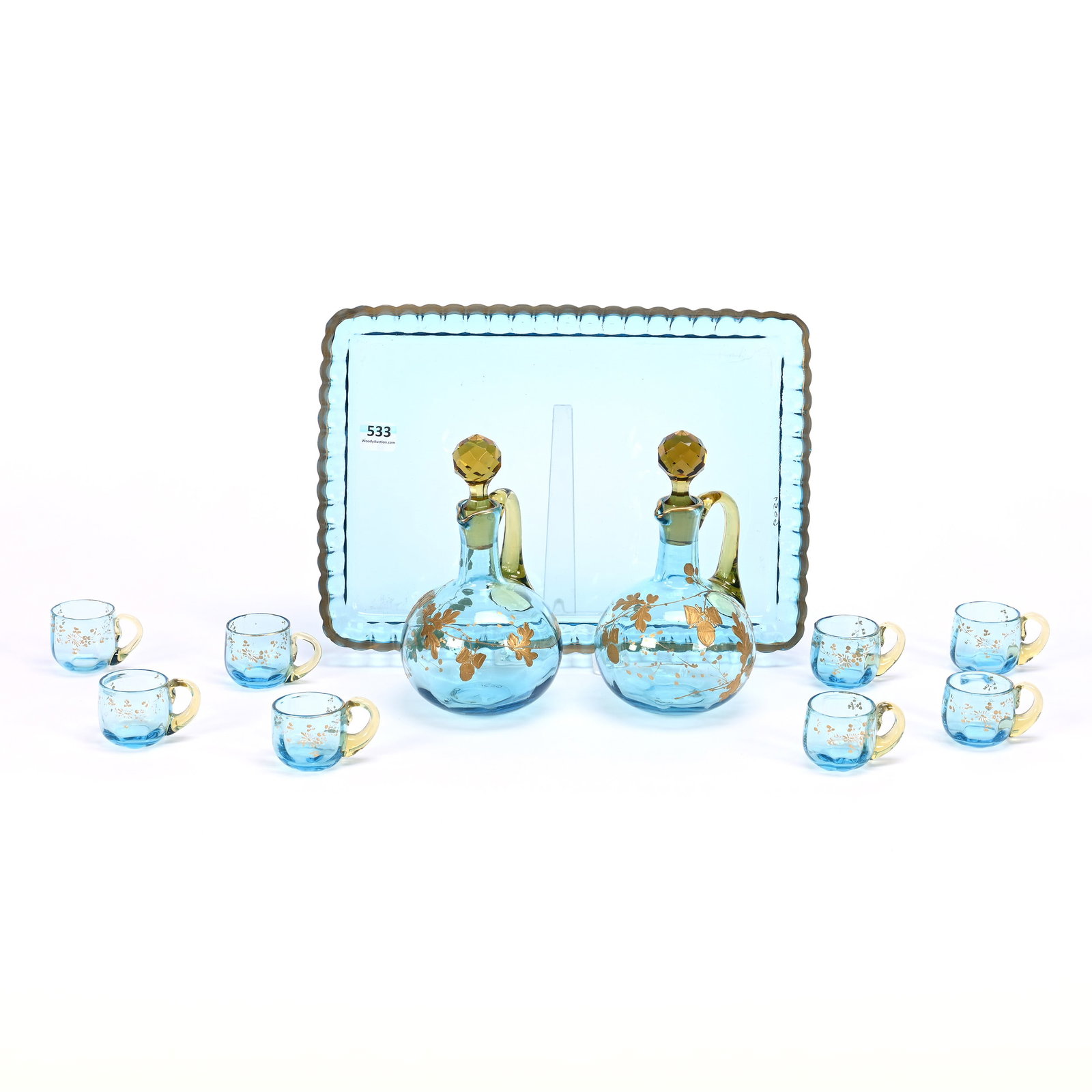 Liqueur Set, Eleven Piece, Solid Blue Art Glass Attributed To Moser: Liqueur Set, Eleven Piece, Solid Blue Art Glass Attributed To Moser, 6.5" x 11.5" x 8", Amber Applied Handles, Matching Stopper, Gold Enamel Floral Decor, Set Includes Tray, (2) Decanters, One With Cr