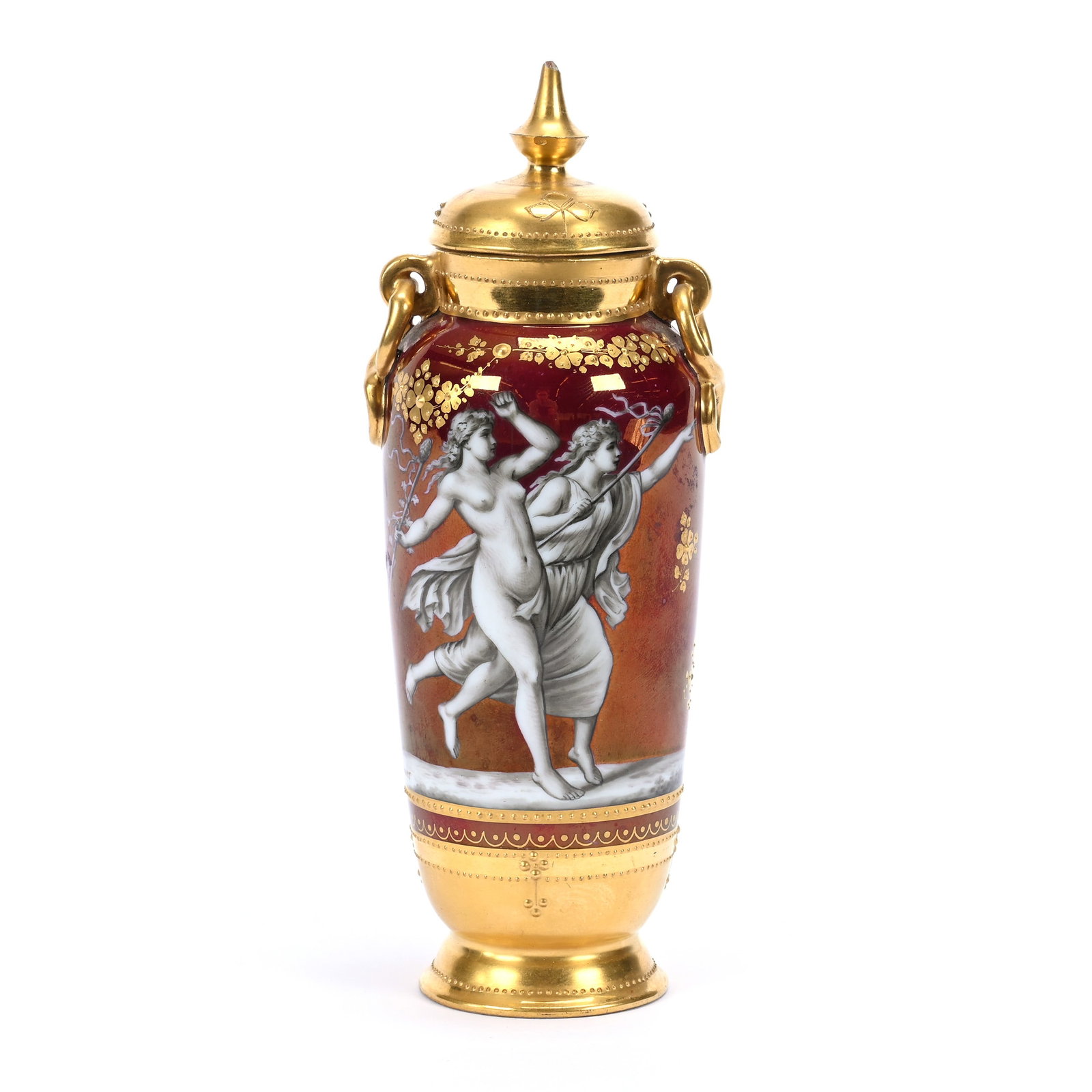 Covered Urn Marked Royal Vienna Porcelain, Maroon Background, Classic Mythological Scene: Covered Urn Marked Royal Vienna Porcelain, Maroon Background, Classic Mythological Scene, 6" x 2.25", Artist Signed Wagner, Finial With Slanted Chip, Collection Of The Late T. J. Wilson, Oklahoma. Mr.