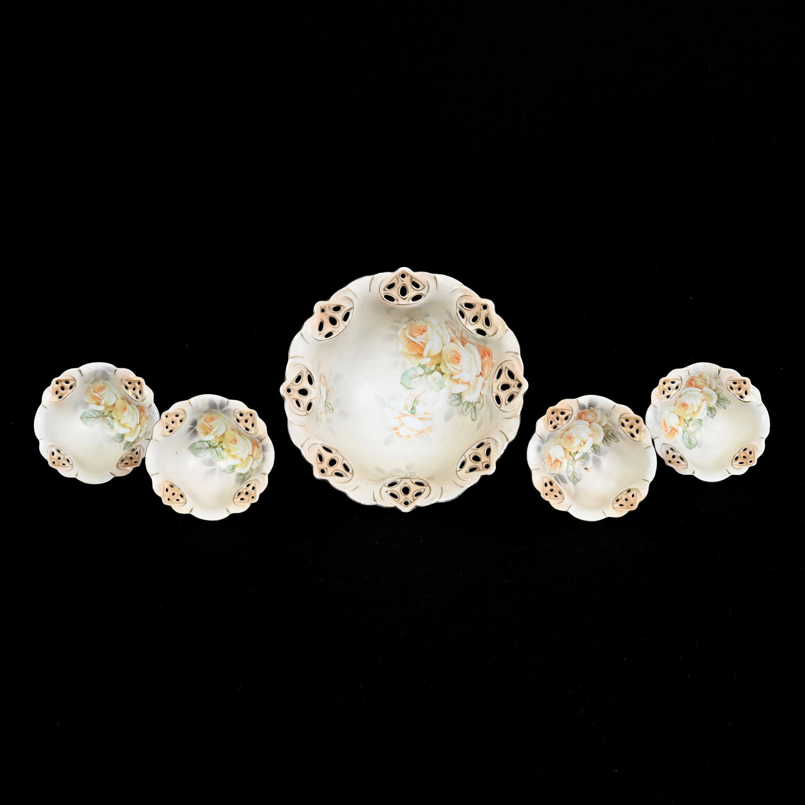 Nut Set, Five Piece, Royal Bayreuth Blue Mark, Old Ivory Pattern: Nut Set, Five Piece, Royal Bayreuth Blue Mark, Old Ivory Pattern, (1) 3" x 6" Master Bowl, (4) Matching 3" Individuals, Collection Of The Late T. J. Wilson, Oklahoma. Mr. Wilson Marked The Majority Of