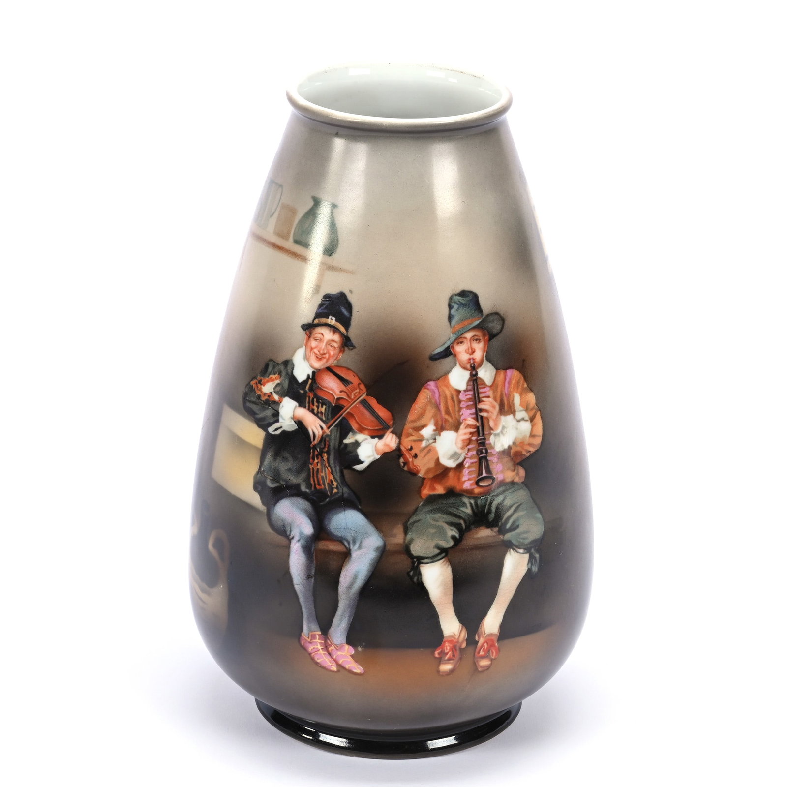Vase, Royal Bayreuth Blue Mark, Musicians Scenic Decor: Vase, Royal Bayreuth Blue Mark, Musicians Scenic Decor, 9" x 5.5", Dark Gray Tones, Collection Of The Late T. J. Wilson, Oklahoma. Mr. Wilson Marked The Majority Of His Collection With A Black Marker 