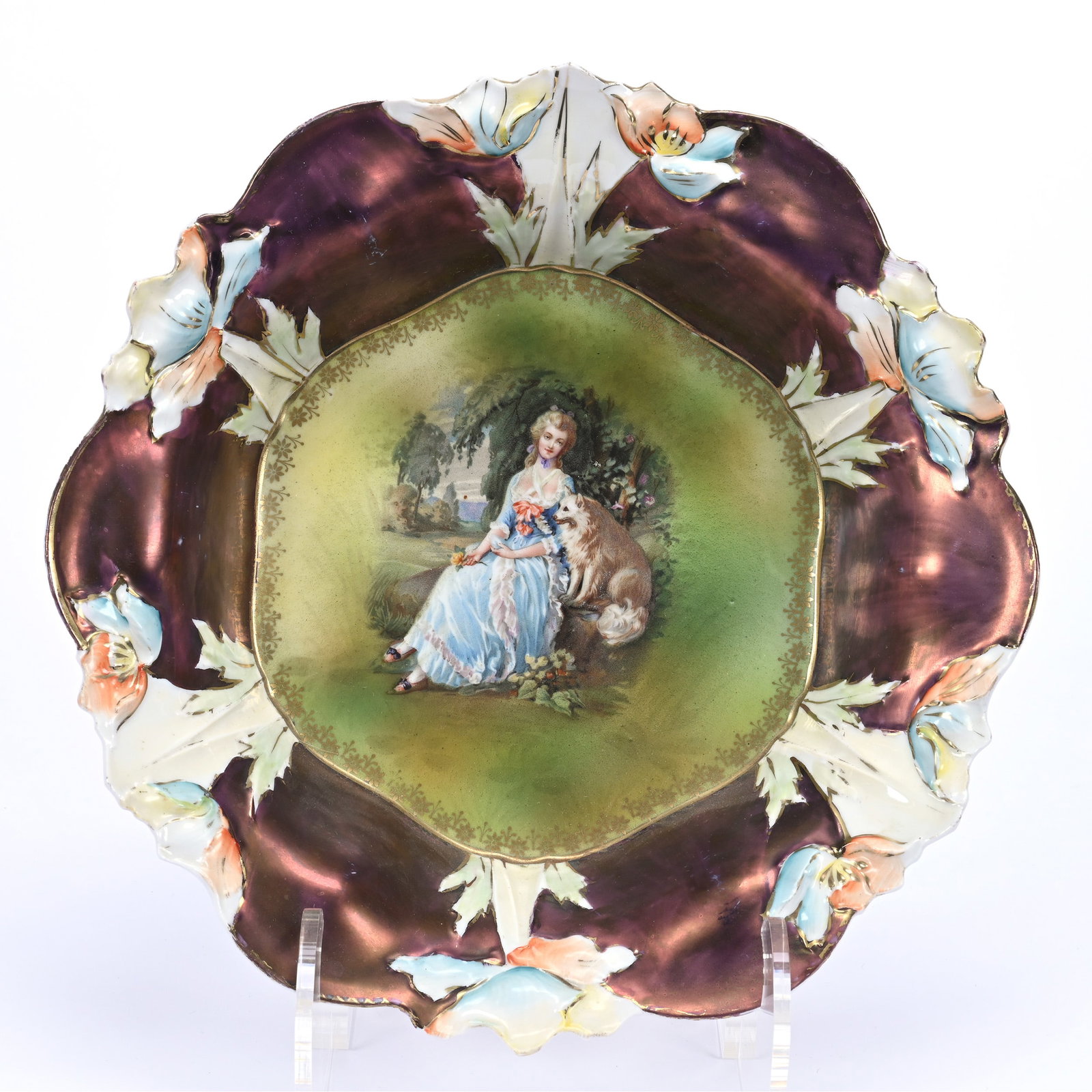 Bowl, Unmarked R.S. Prussia, Woman Seated With Dog: Bowl, Unmarked R.S. Prussia, Woman Seated With Dog, 10.25", Green And Yellow Center, Bronze Border, Collection Of The Late T. J. Wilson, Oklahoma. Mr. Wilson Marked The Majority Of His Collection With