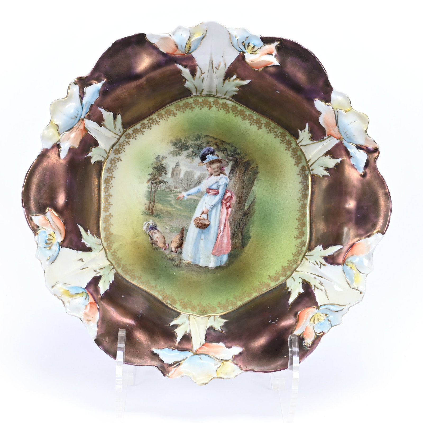 Bowl, Unmarked R.S. Prussia, Woman Feeding Chicks: Bowl, Unmarked R.S. Prussia, Woman Feeding Chicks, 10.25", Green And Yellow Center, Bronze Border, Collection Of The Late T. J. Wilson, Oklahoma. Mr. Wilson Marked The Majority Of His Collection With 