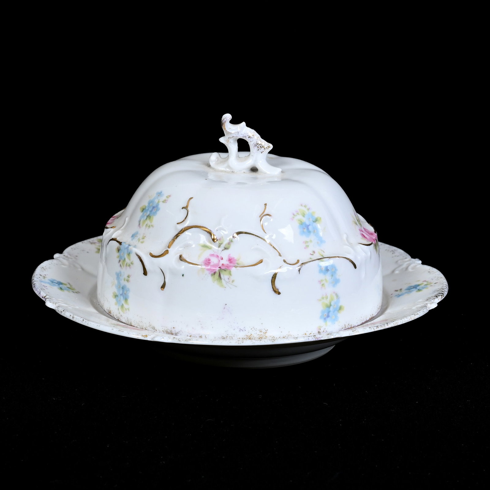 Covered Butterdish W/Insert, Unmarked R.S. Prussia: Covered Butterdish W/Insert, Unmarked R.S. Prussia, 4" x 6.75", White, Pink And Blue Floral Decor, Collection Of The Late T. J. Wilson, Oklahoma. Mr. Wilson Marked The Majority Of His Collection With 